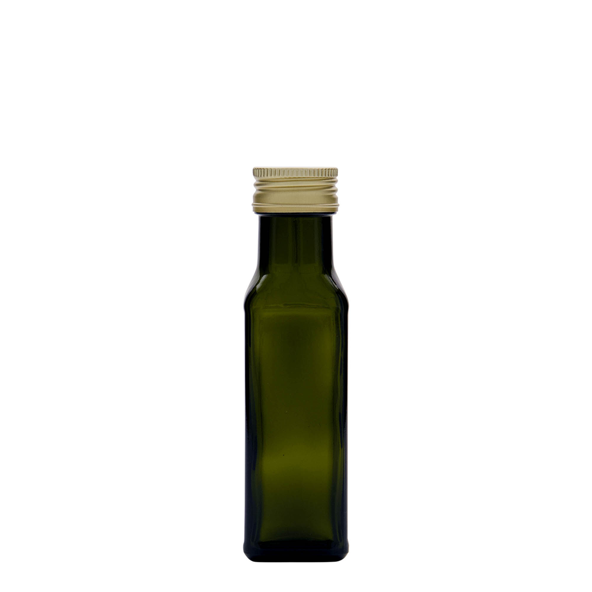 100 ml glassflaske 'Marasca', firkantet, antikkgrønn, åpning: PP 31,5