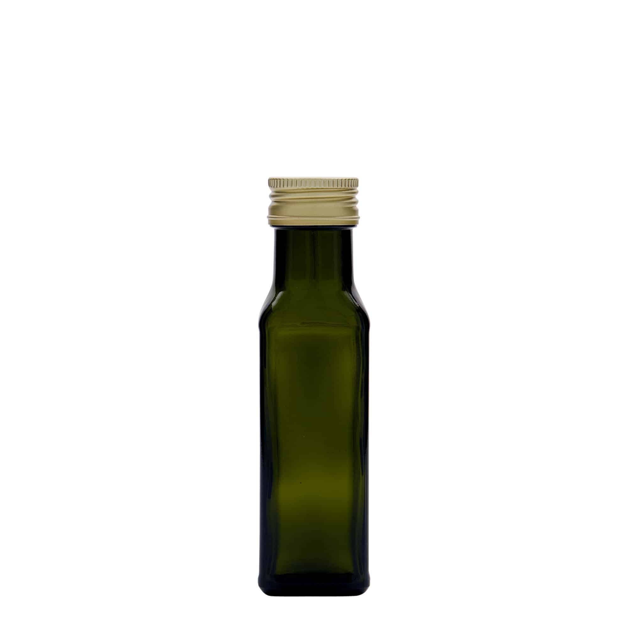 100 ml glassflaske 'Marasca', firkantet, antikkgrønn, åpning: PP 31,5