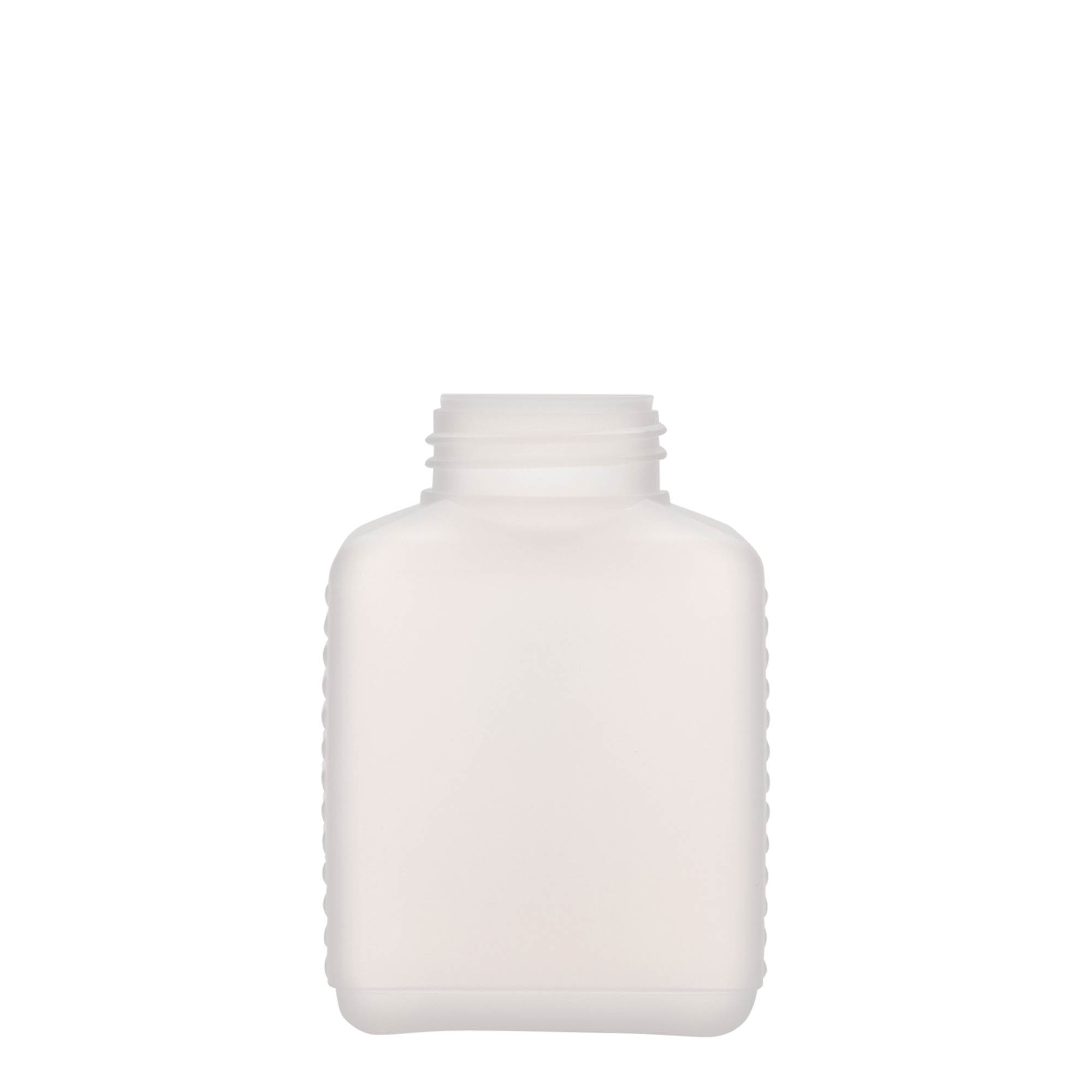 250 ml bredhalsflaske, rektangulær, HDPE-plast, natur, åpning: DIN 40 EPE