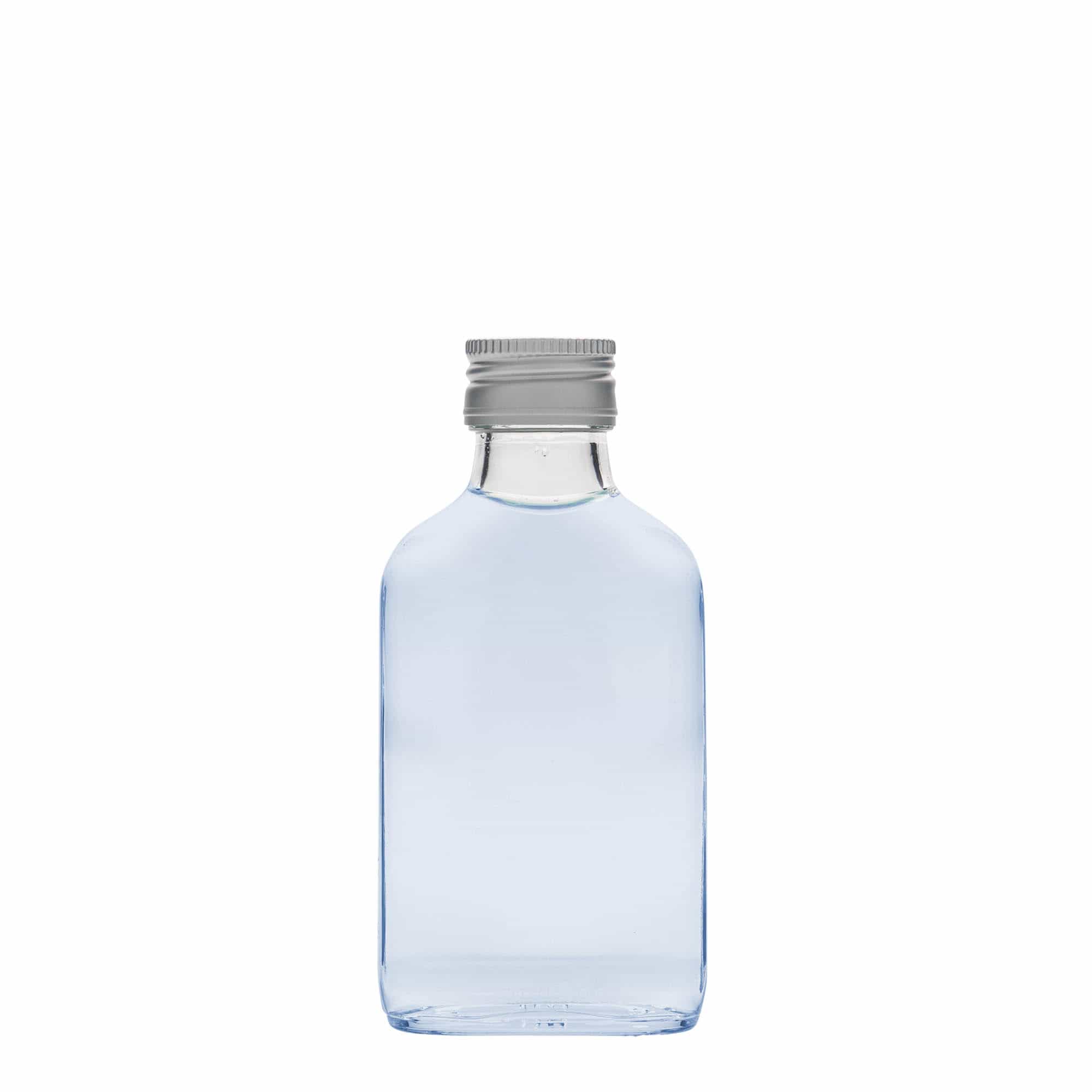 100 ml lommeflaske, firkantet, glass, åpning: PP 28