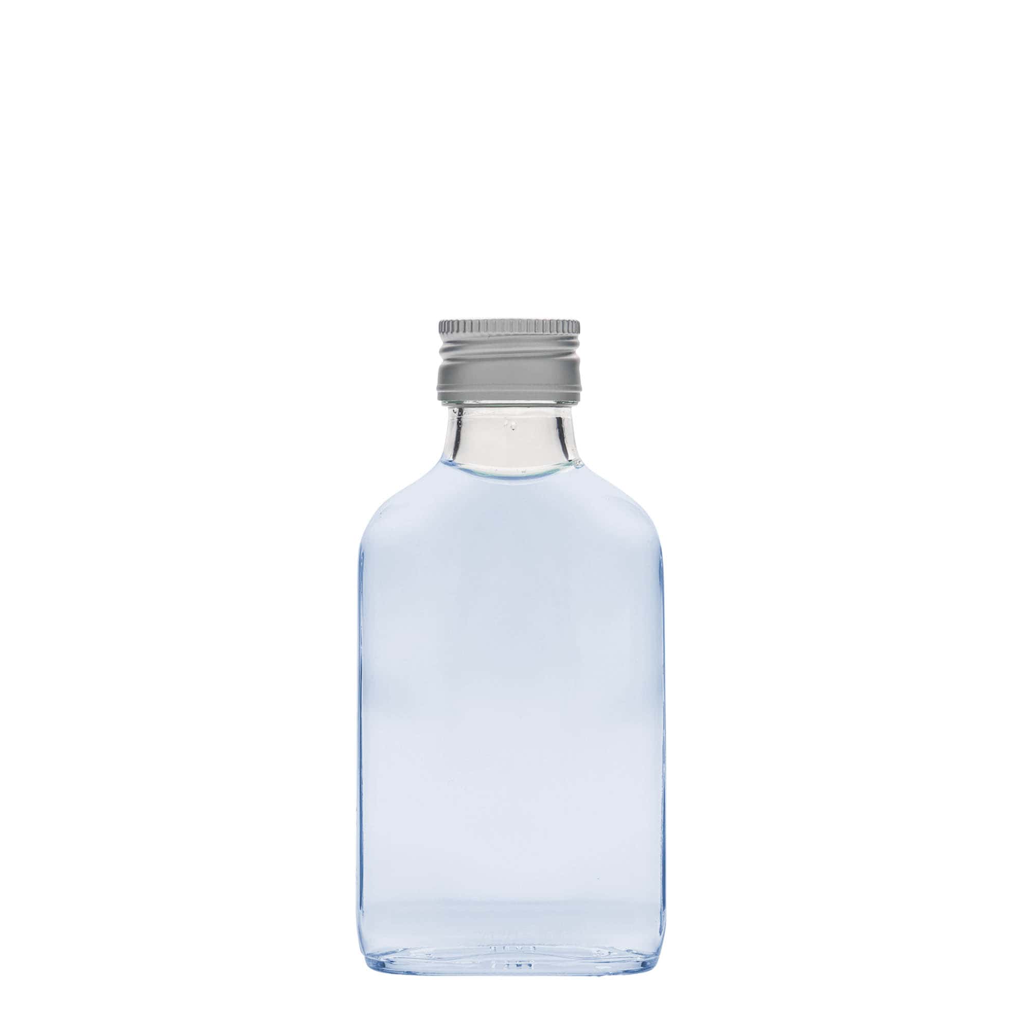 100 ml lommeflaske, rektangulær, glass, åpning: PP 28