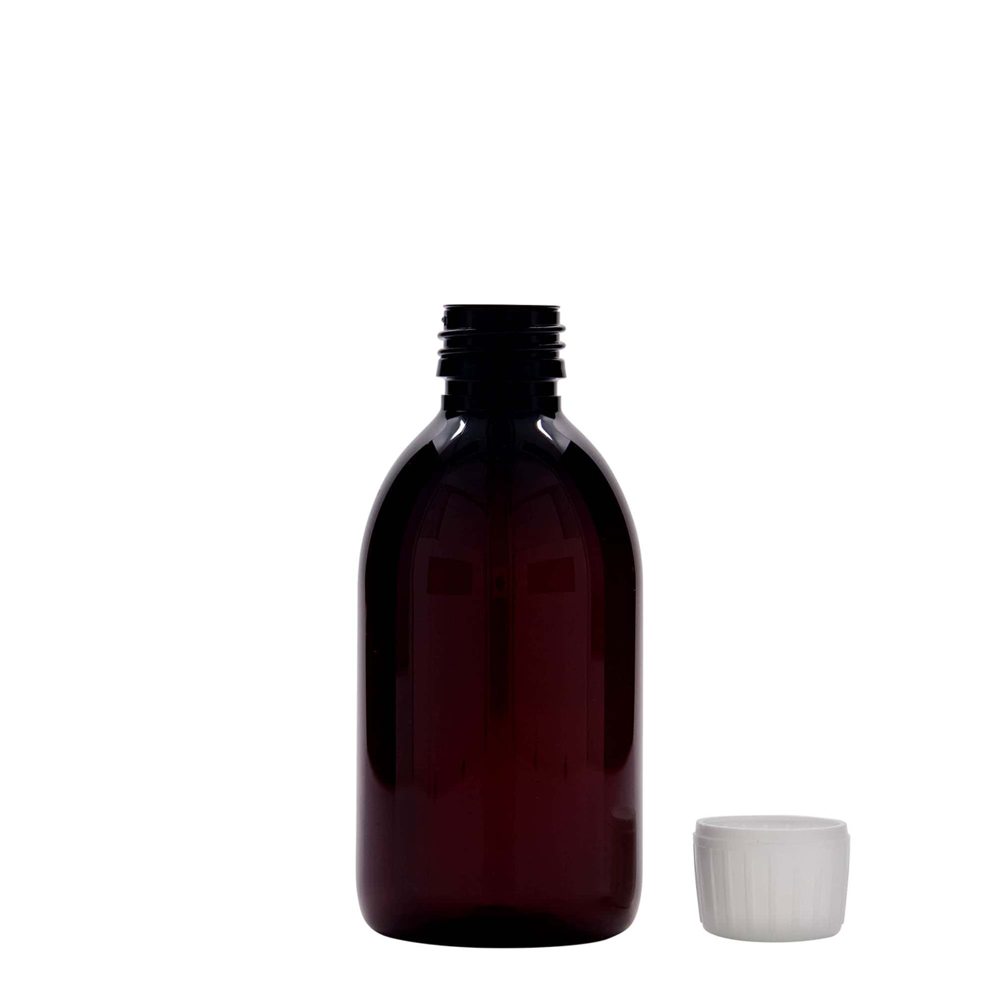 250 ml PET-medisinflaske, brun, plast, åpning: PP 28