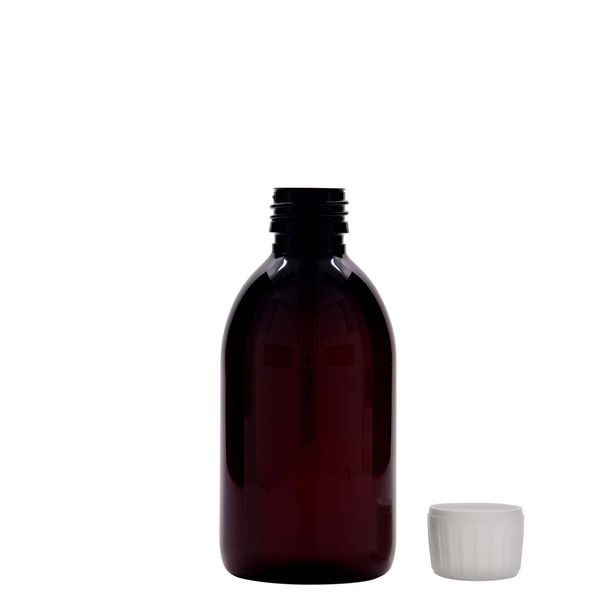 250 ml PET-medisinflaske, brun, plast, åpning: PP 28