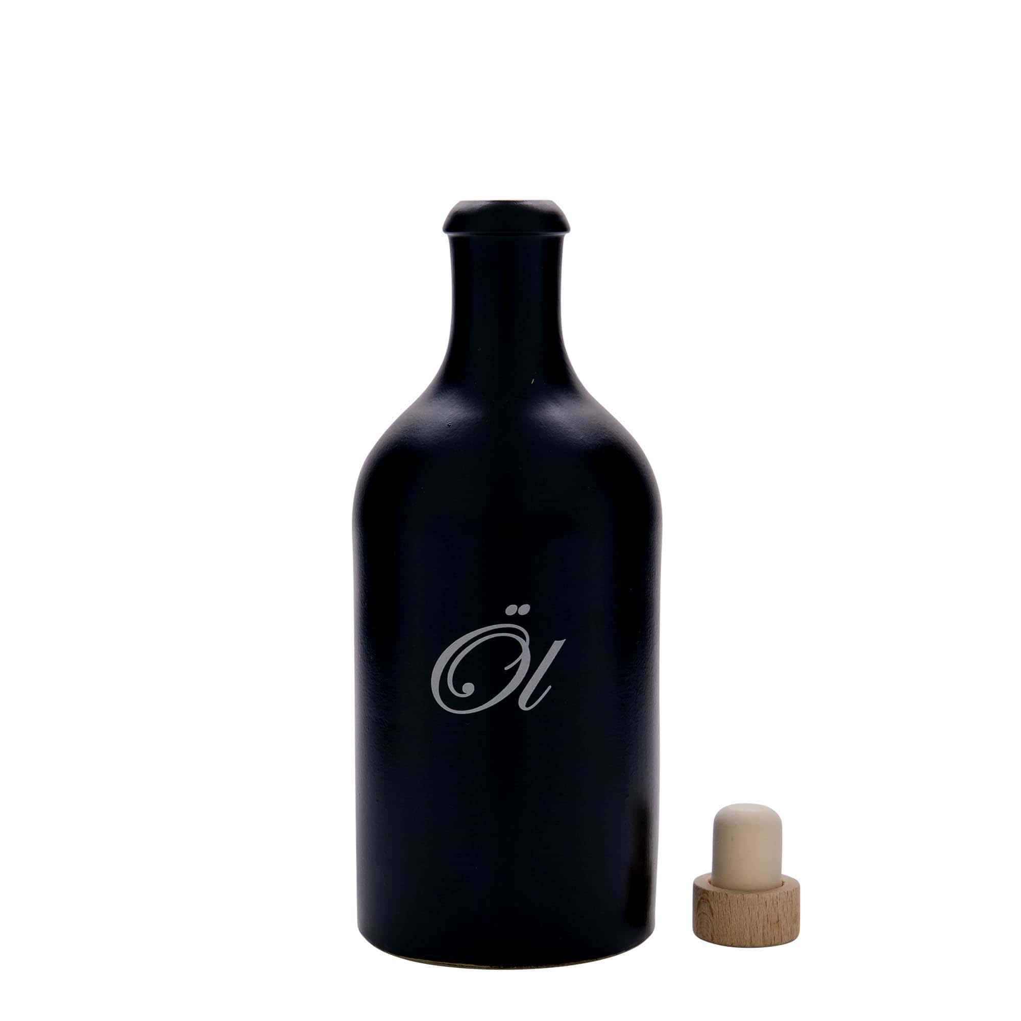 500 ml leirkrus, motiv: Olje, steintøy, svart, åpning: Kork