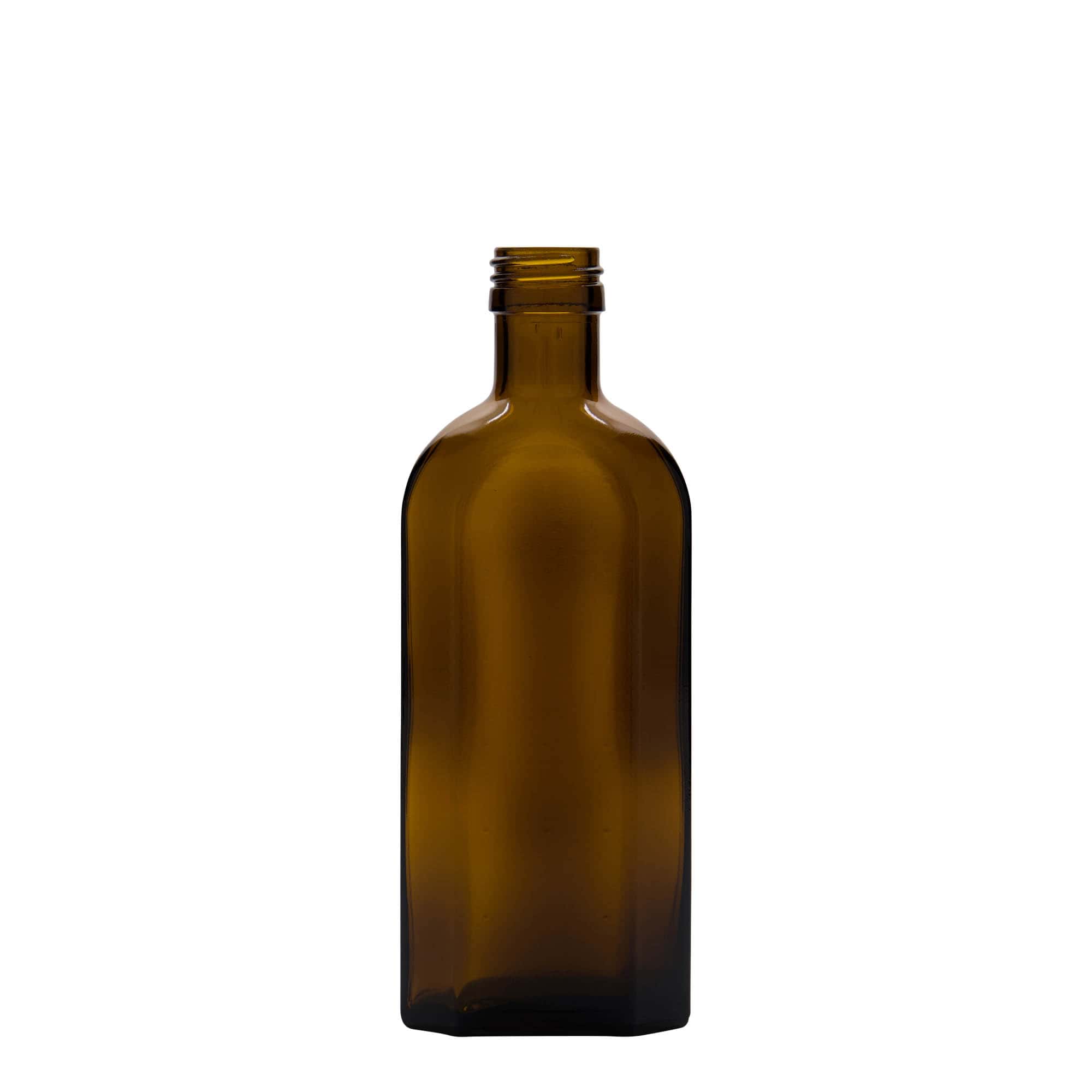 250 ml medisinsk flaske Meplat, oval, glass, brun, åpning: PP 28