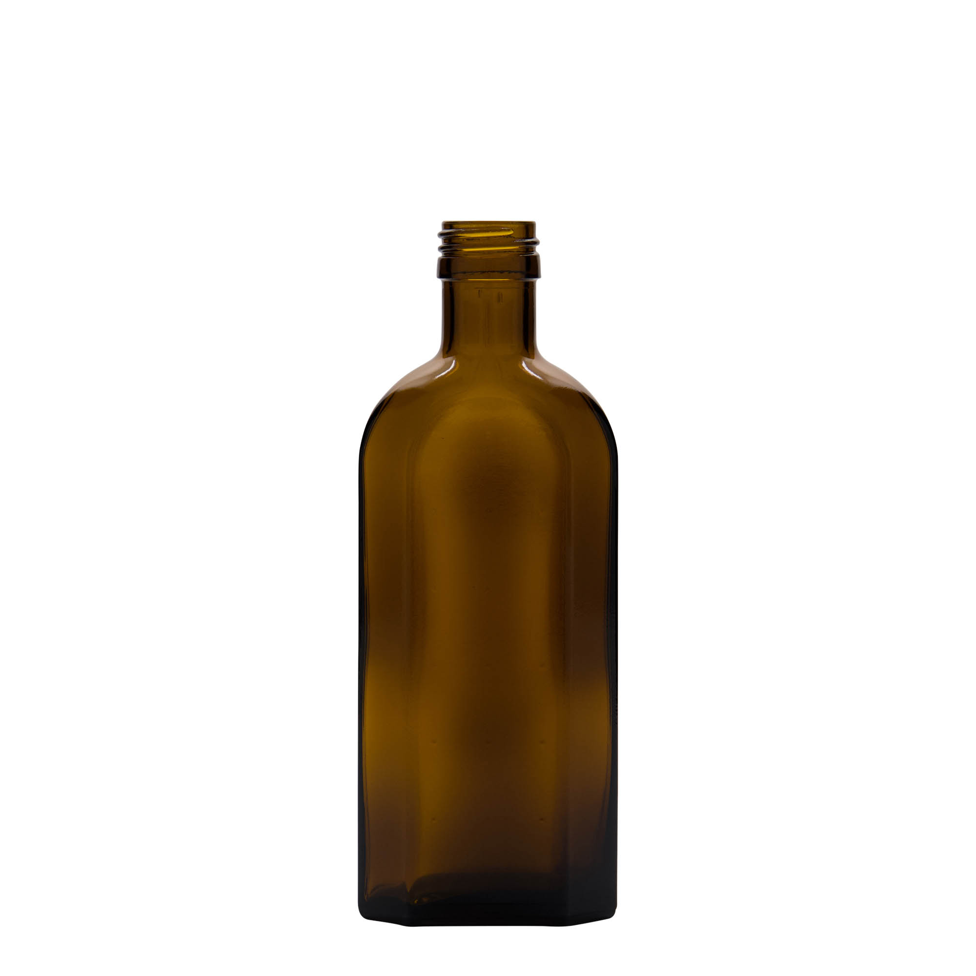 250 ml medisinsk flaske Meplat, oval, glass, brun, åpning: PP 28