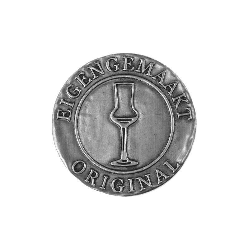 Tinnetikett 'Eigengemaakt', rund, metall, sølv Tinnetikett 'Eigengemaakt', rund, metall, sølv