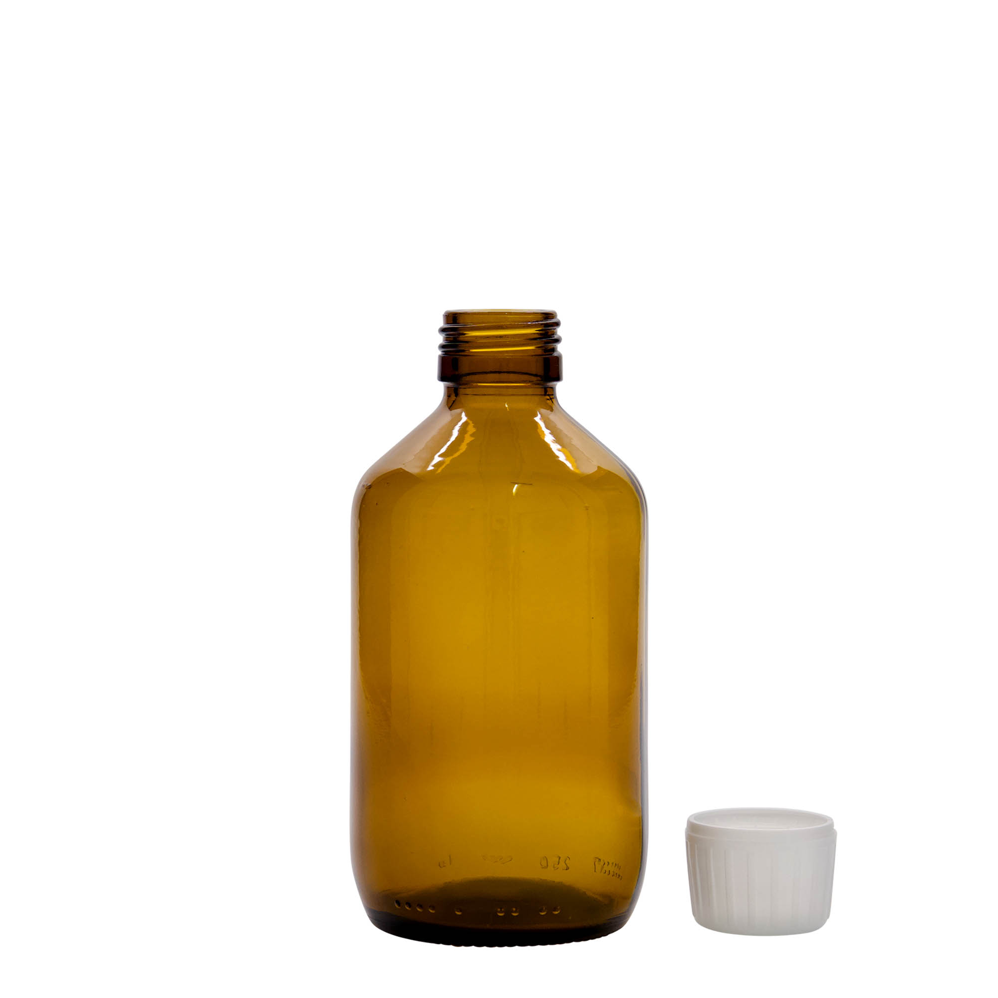 250 ml medisinsk flaske, brun, glass, åpning: PP 28