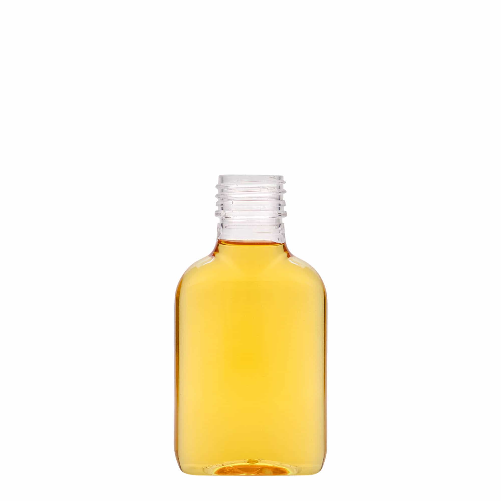 100 ml lommeflaske, oval, PET-plast, åpning: PP 28