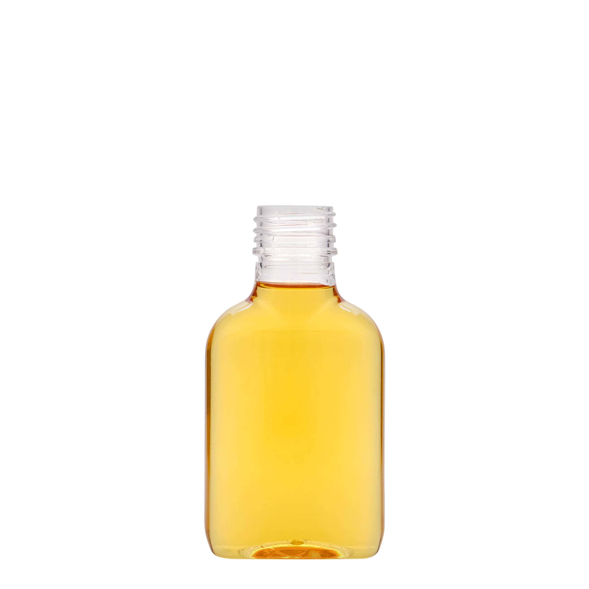100 ml lommeflaske, oval, PET-plast, åpning: PP 28