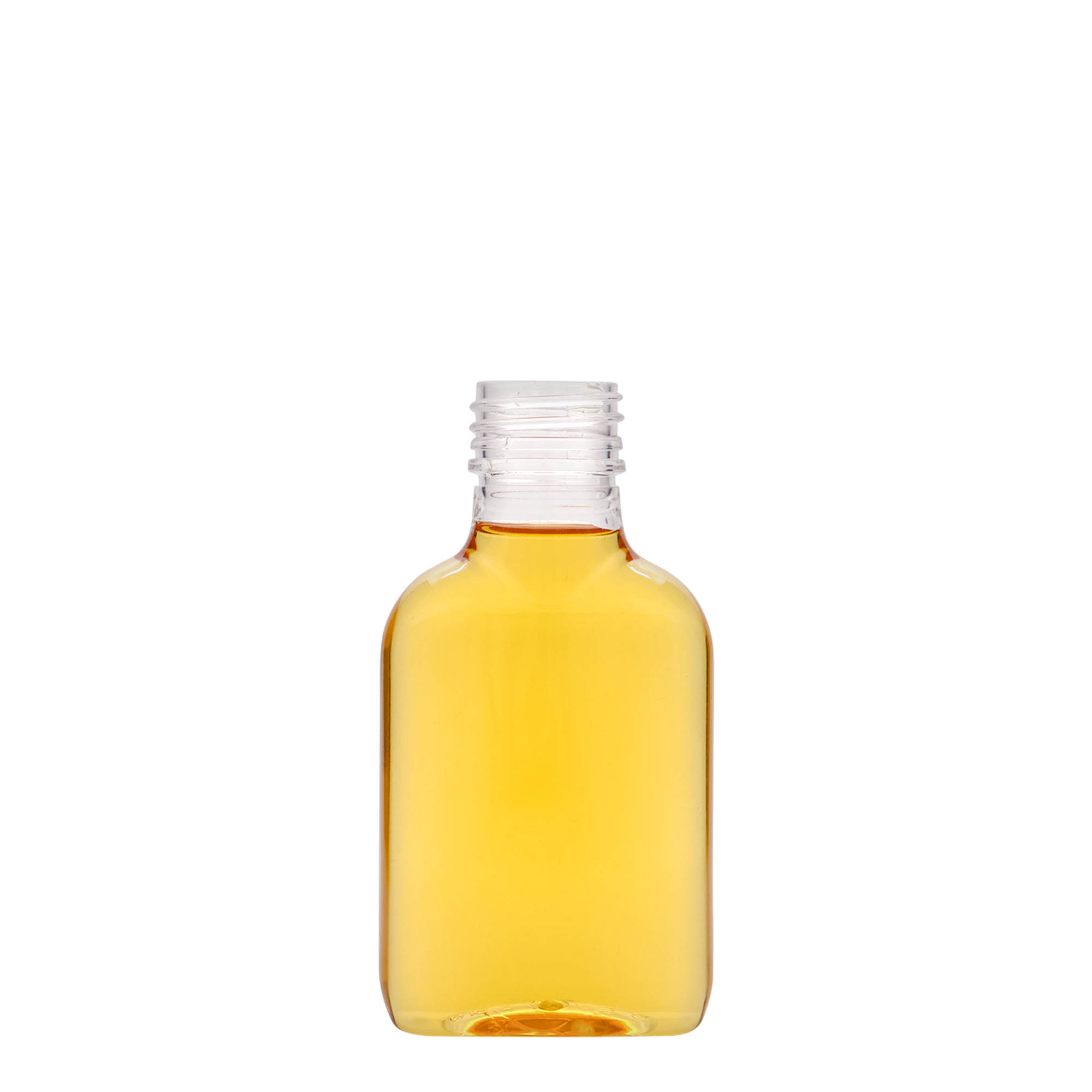 100 ml lommeflaske, oval, PET-plast, åpning: PP 28