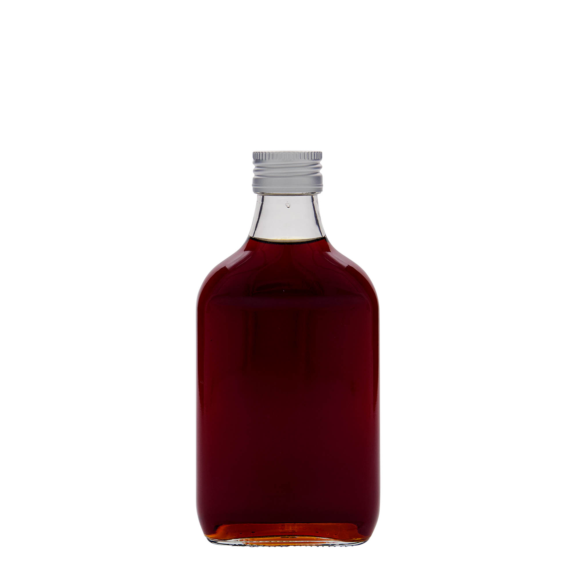 200 ml lommeflaske, rektangulær, glass, åpning: PP 28