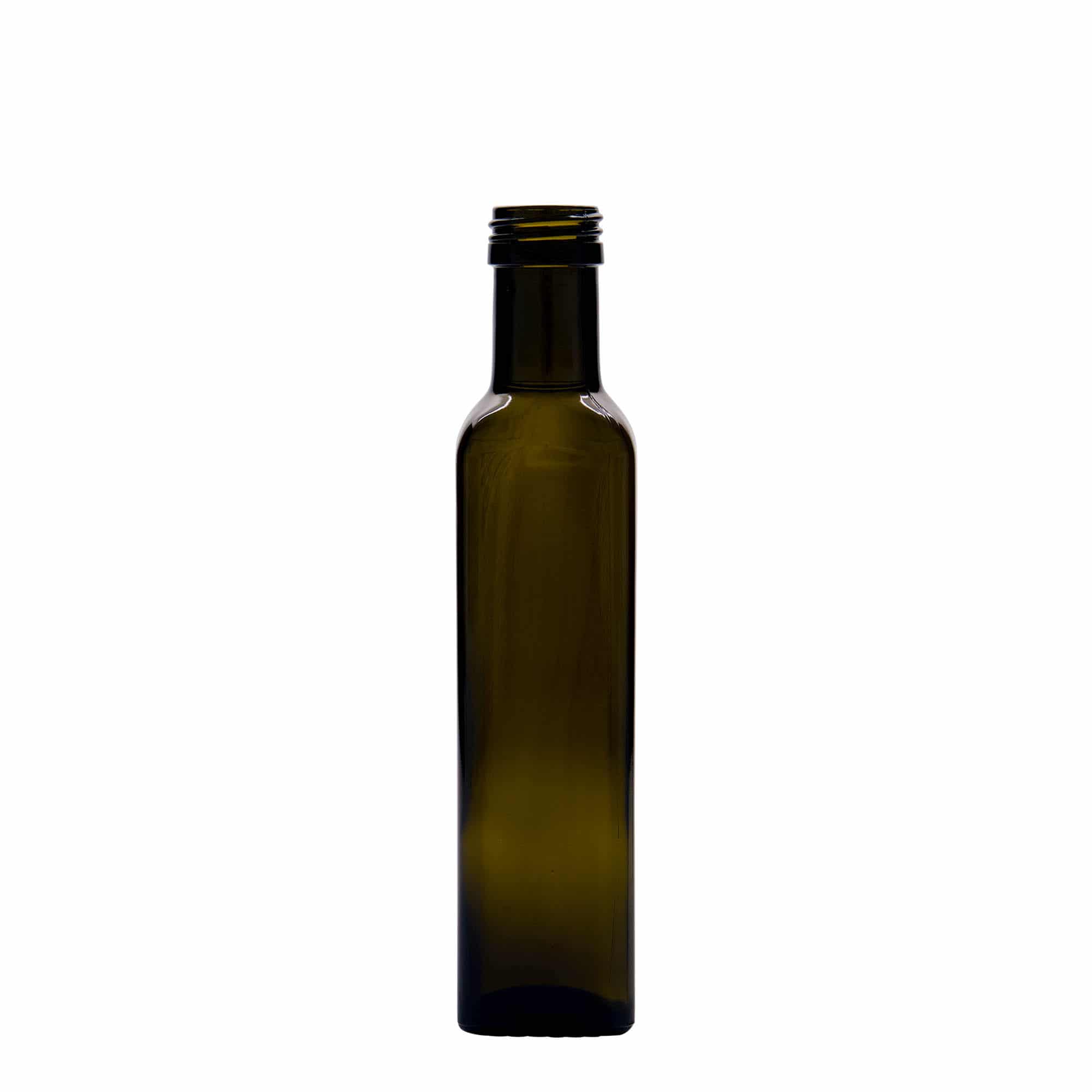 250 ml glassflaske "Marasca", kvadratisk, antikkgrønn, åpning: PP 31,5