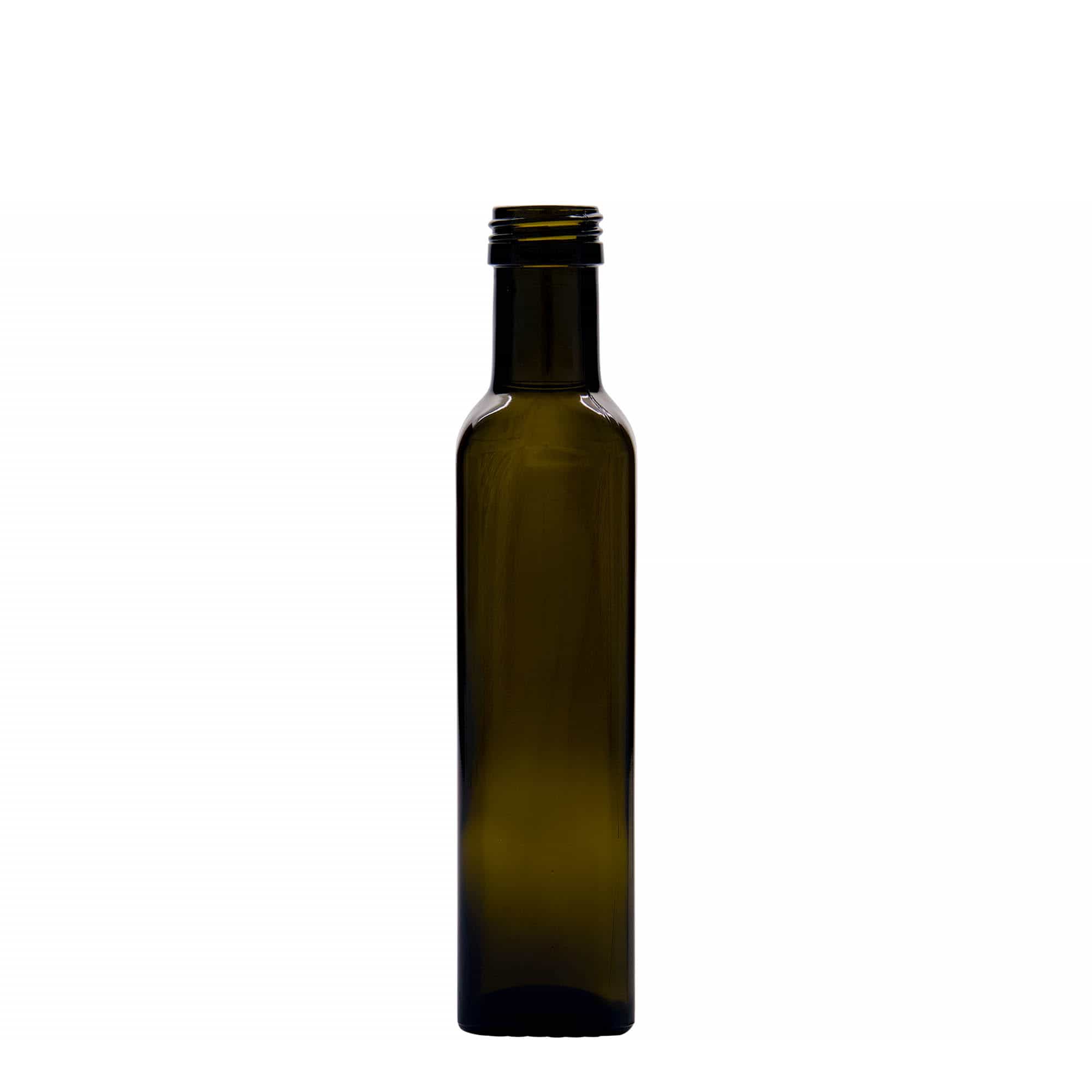 250 ml glassflaske 'Marasca', firkantet, antikkgrønn, åpning: PP 31,5