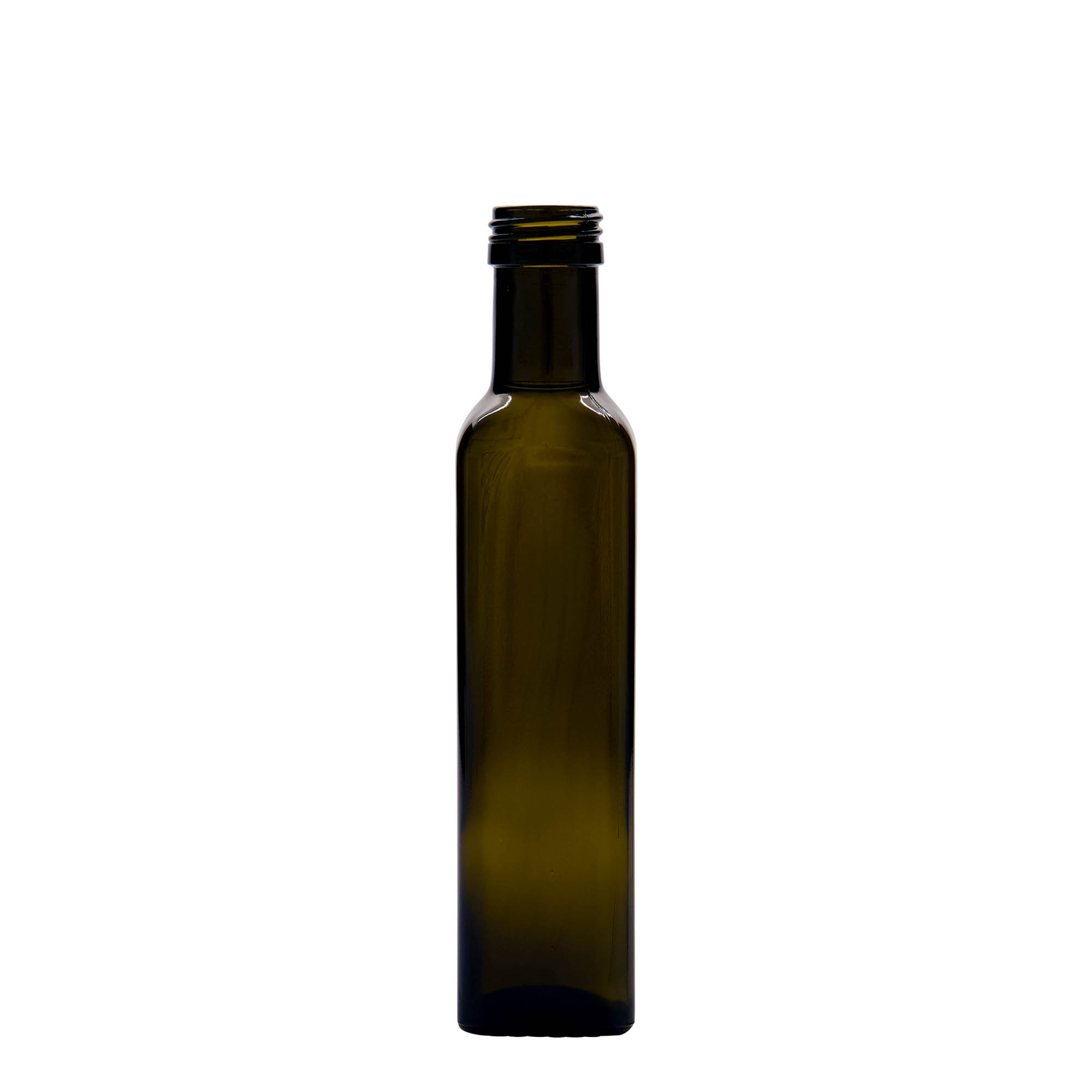 250 ml glassflaske 'Marasca', firkantet, antikkgrønn, åpning: PP 31,5 250 ml glassflaske 'Marasca', firkantet, antikkgrønn, åpning: PP 31,5