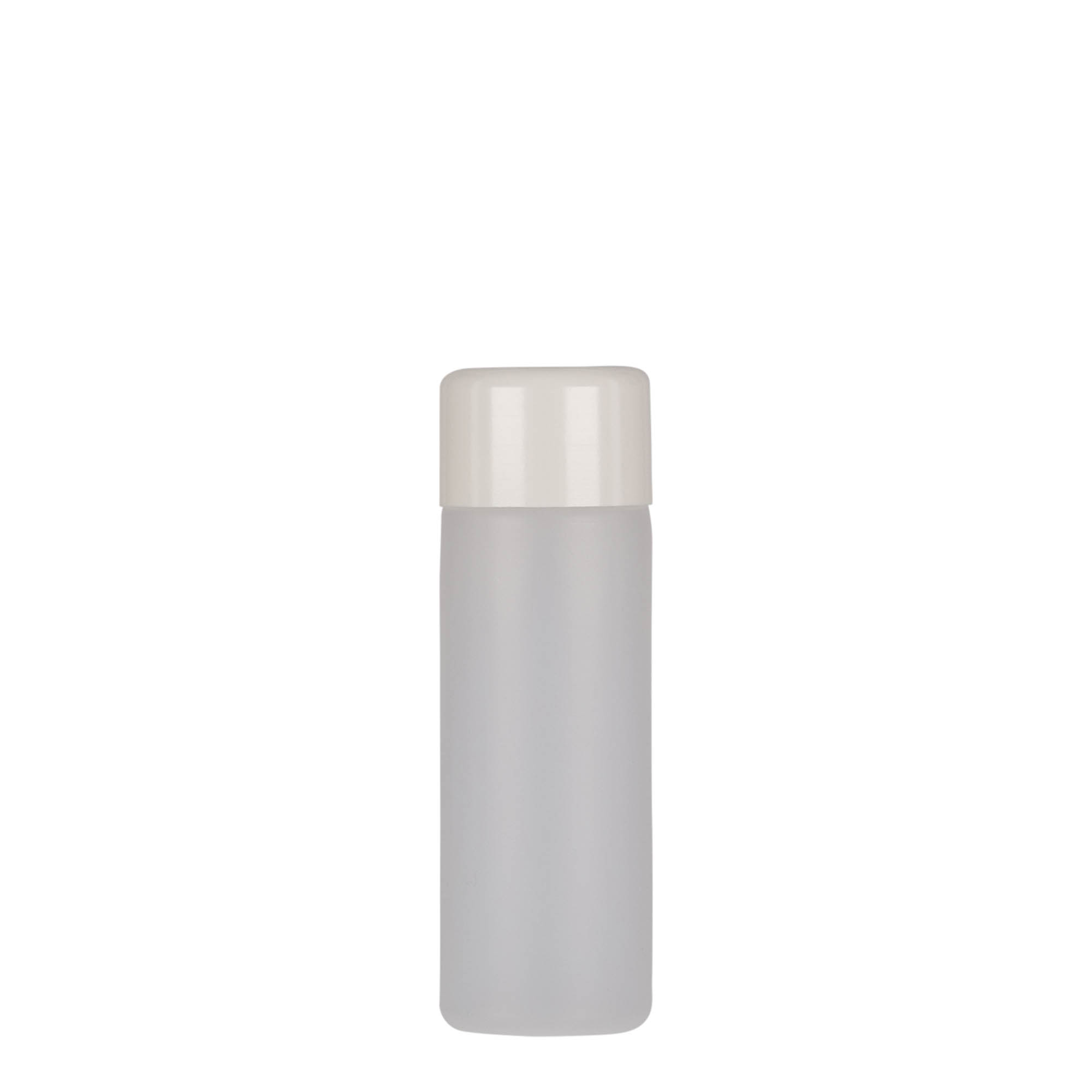 50 ml rund flaske, PE-plast, natur, åpning: skrukork