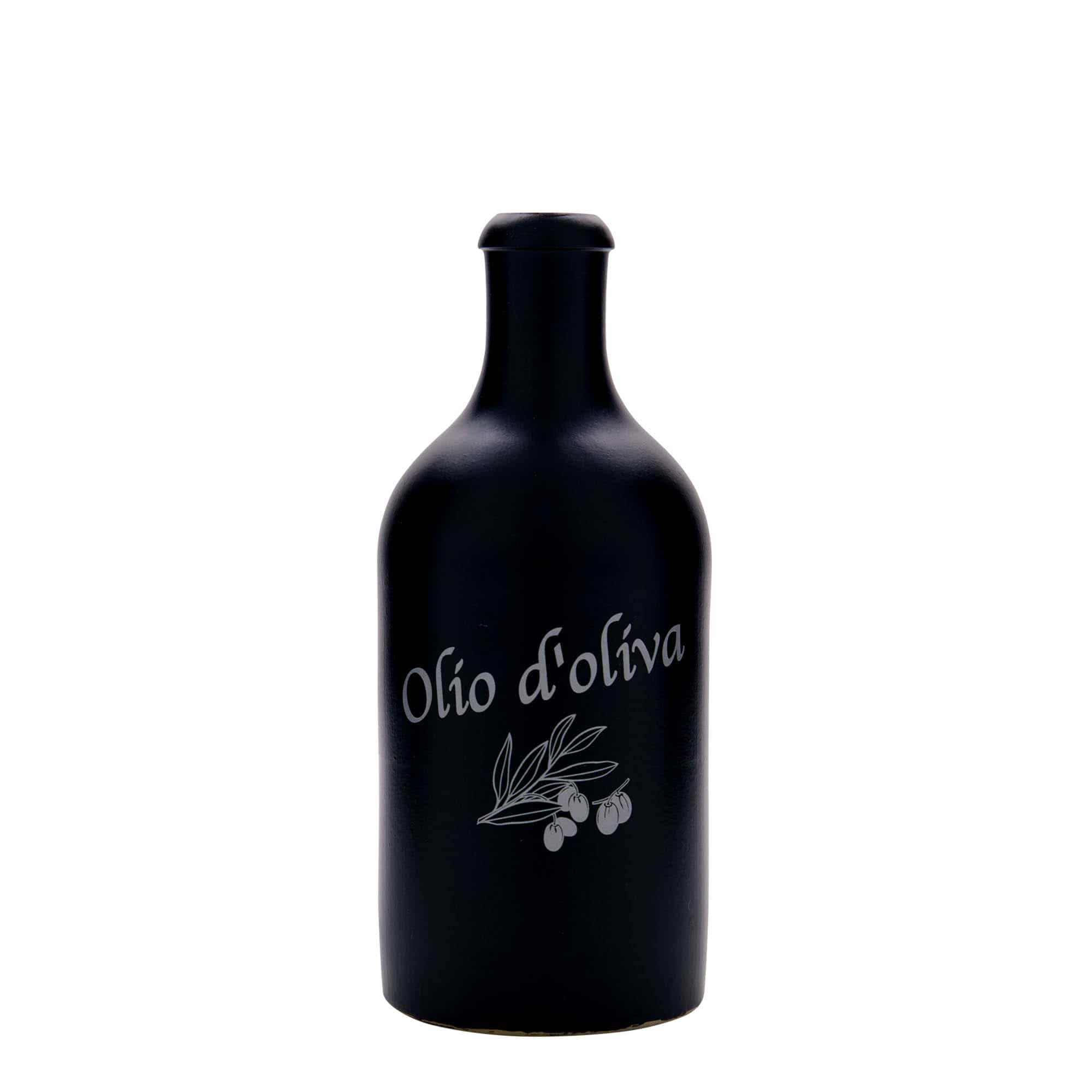 500 ml leirkrus, motiv: Olio d"Oliva, steintøy, svart, åpning: Kork