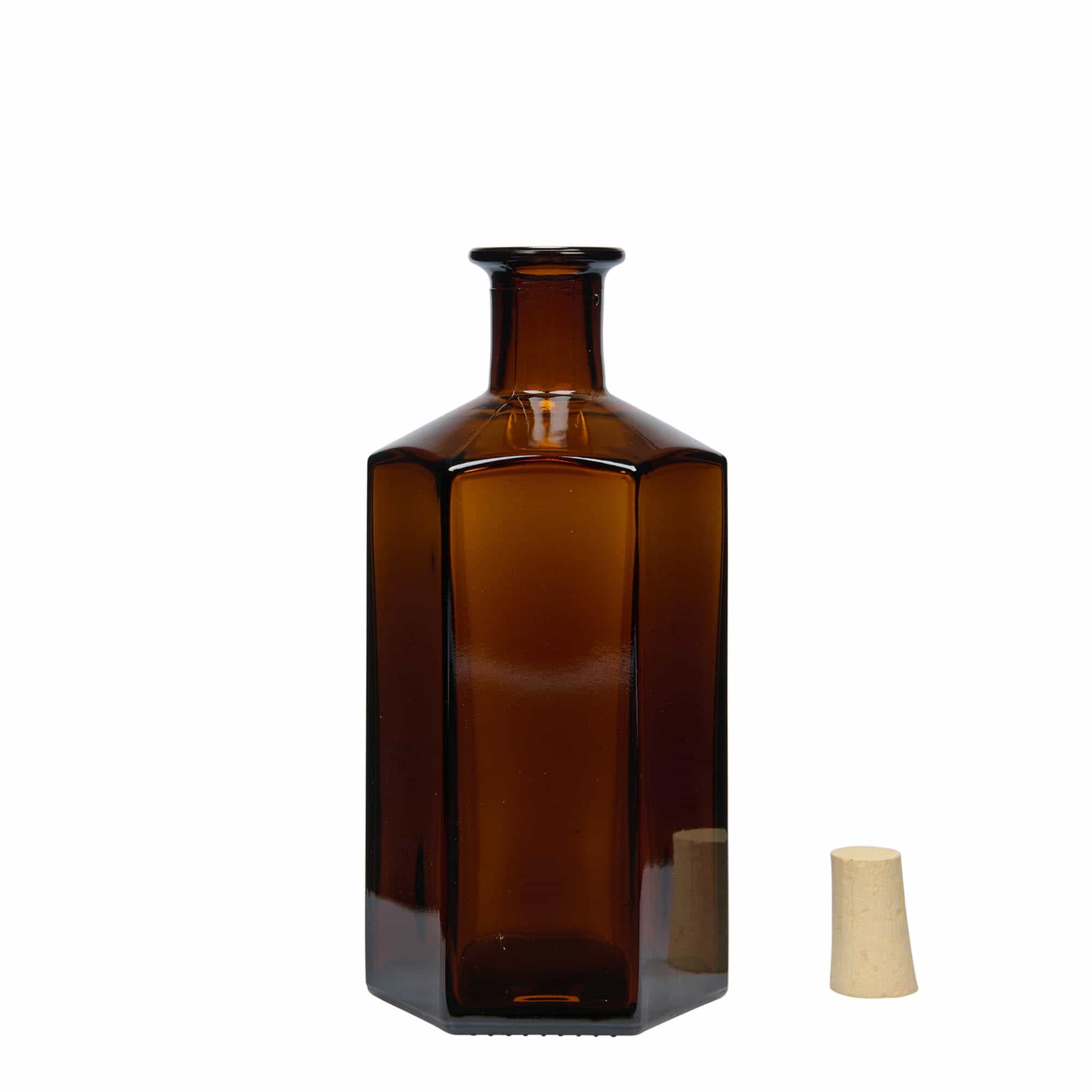 500 ml glassflaske Apothecary 'Jimmy'. sekskantet. brun. Munn: kork