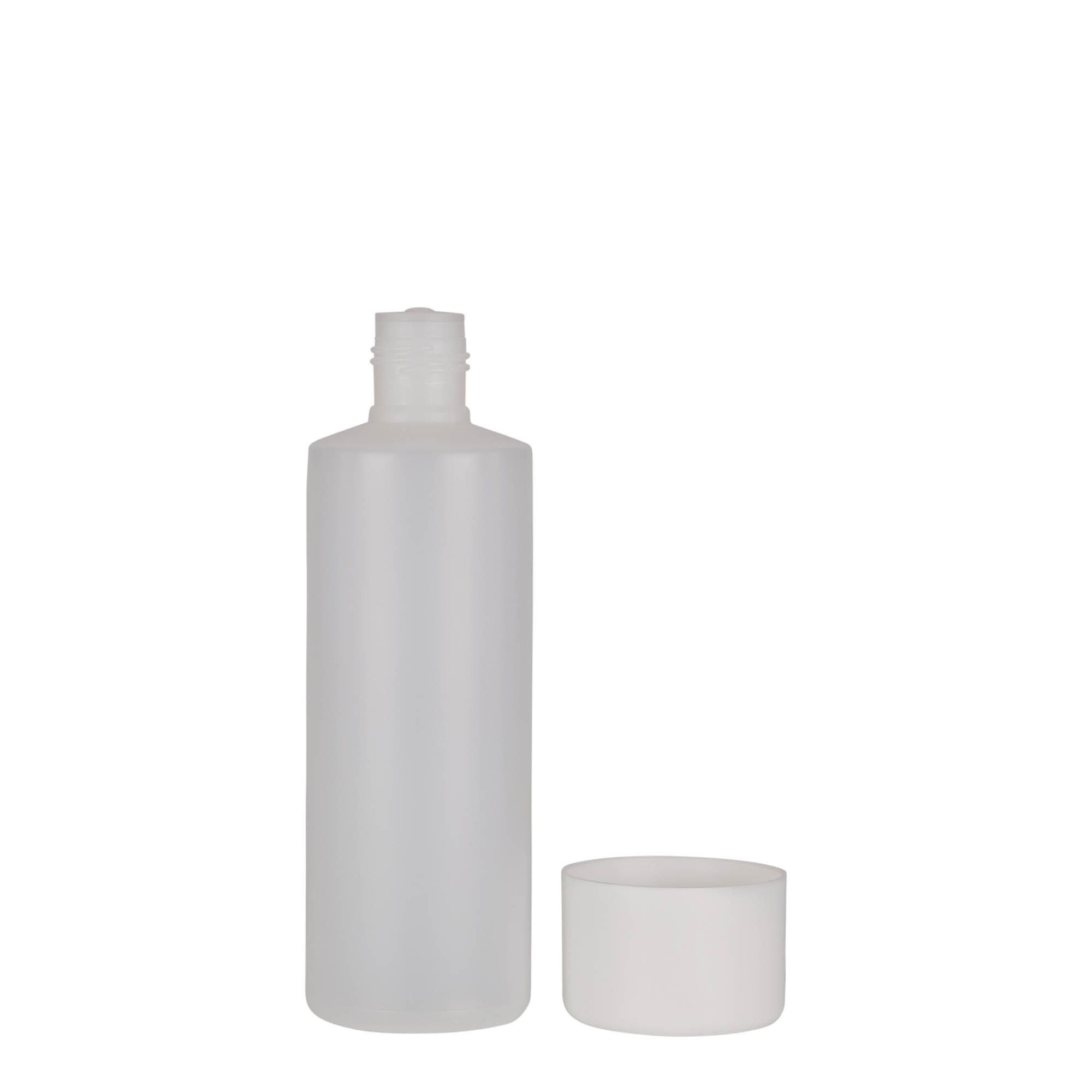 200 ml rund flaske, PE-plast, natur, åpning: skrukork
