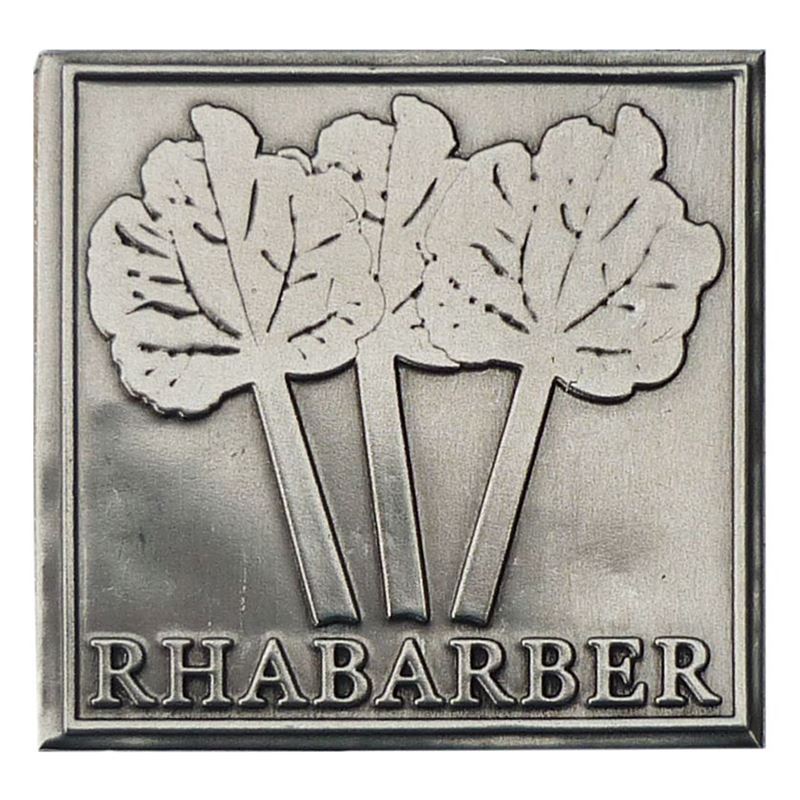 Tinnetikett "Rabarbra", kvadratisk, metall, sølv