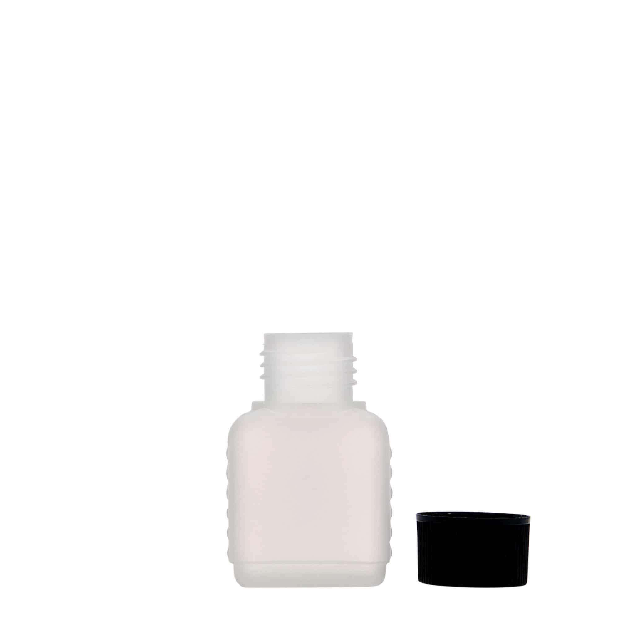 50 ml beholderflaske, firkantet, HDPE-plast, natur, åpning: DIN 25