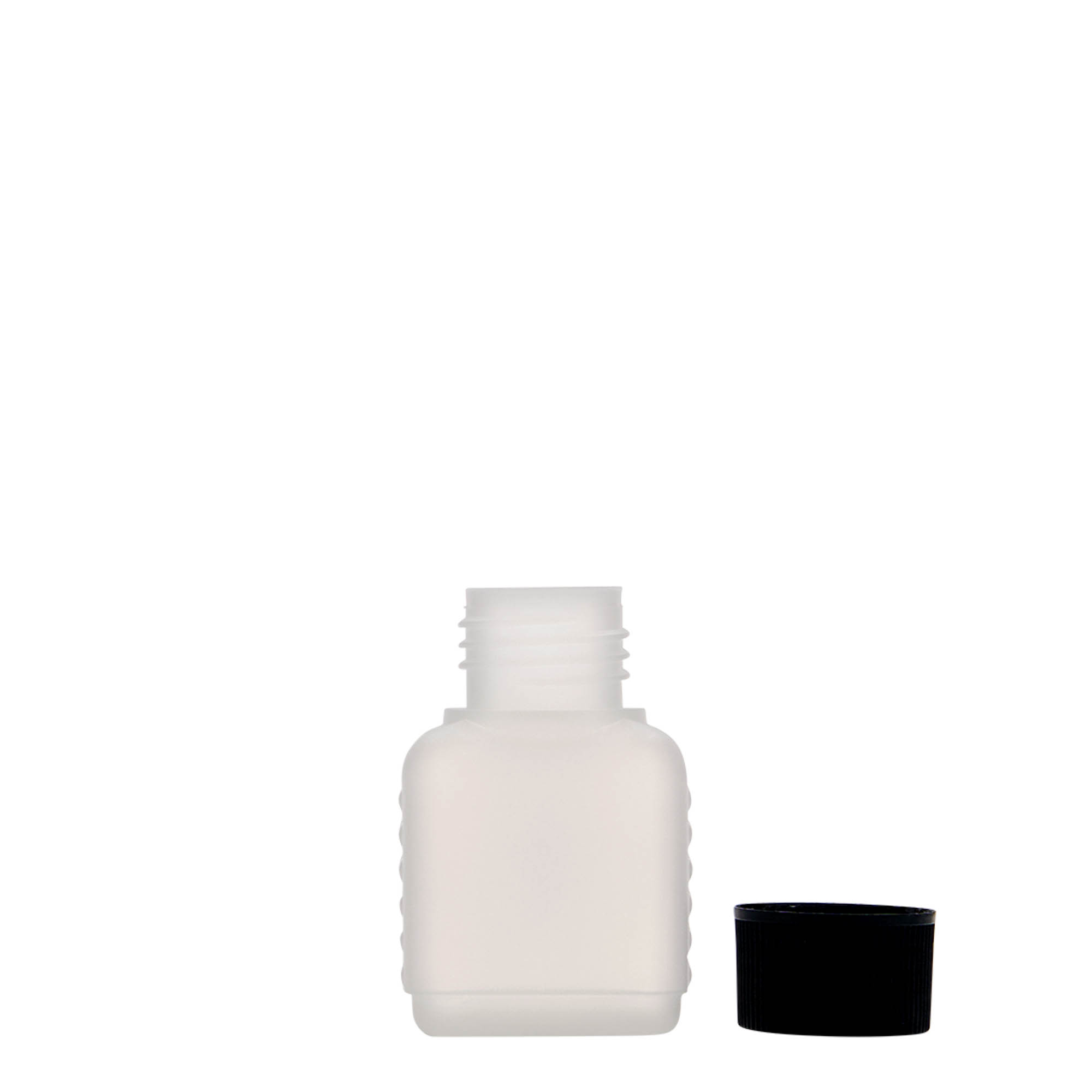 50 ml kanisterflaske, rektangulær, HDPE-plast, natur, åpning: DIN 25