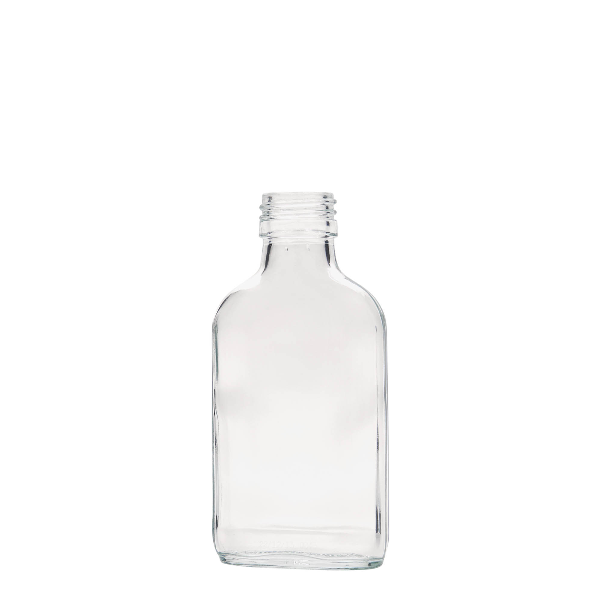 100 ml lommeflaske, rektangulær, glass, åpning: PP 28