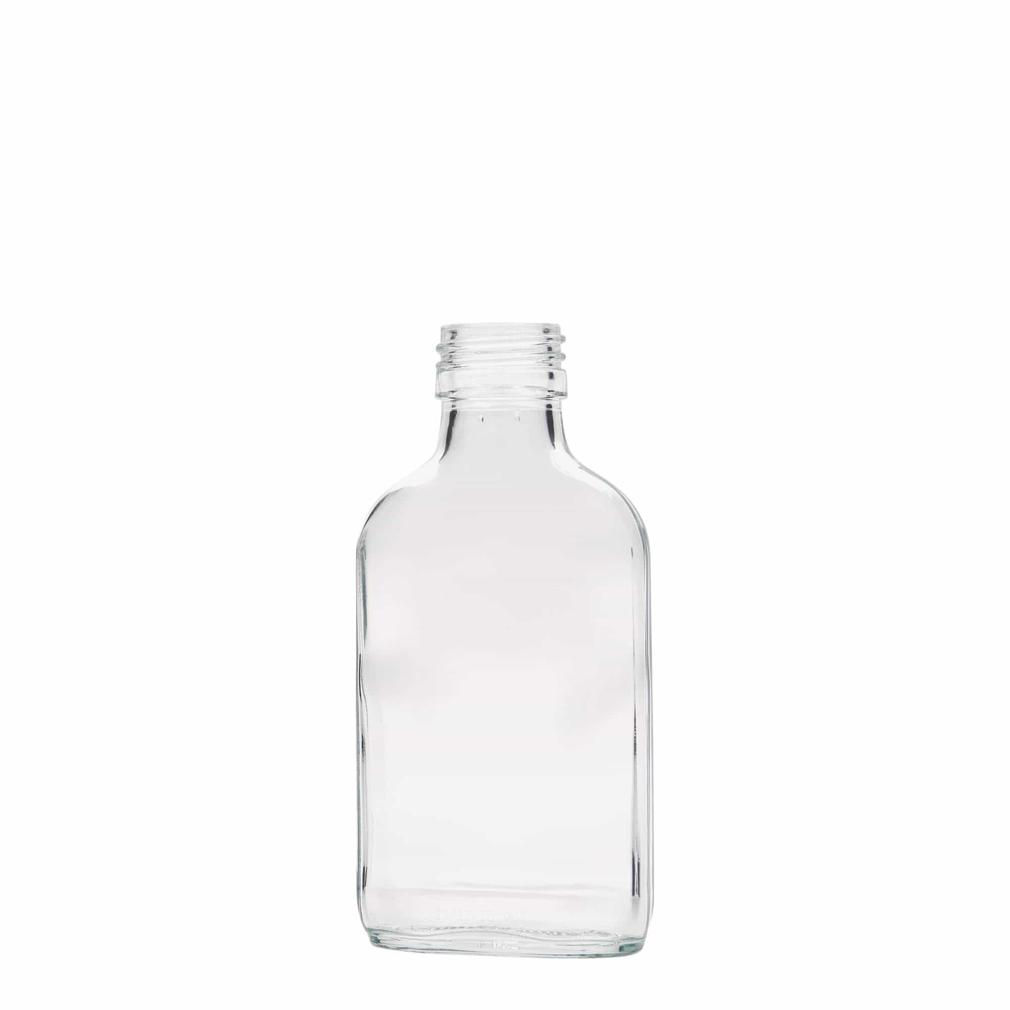 100 ml lommeflaske, rektangulær, glass, åpning: PP 28