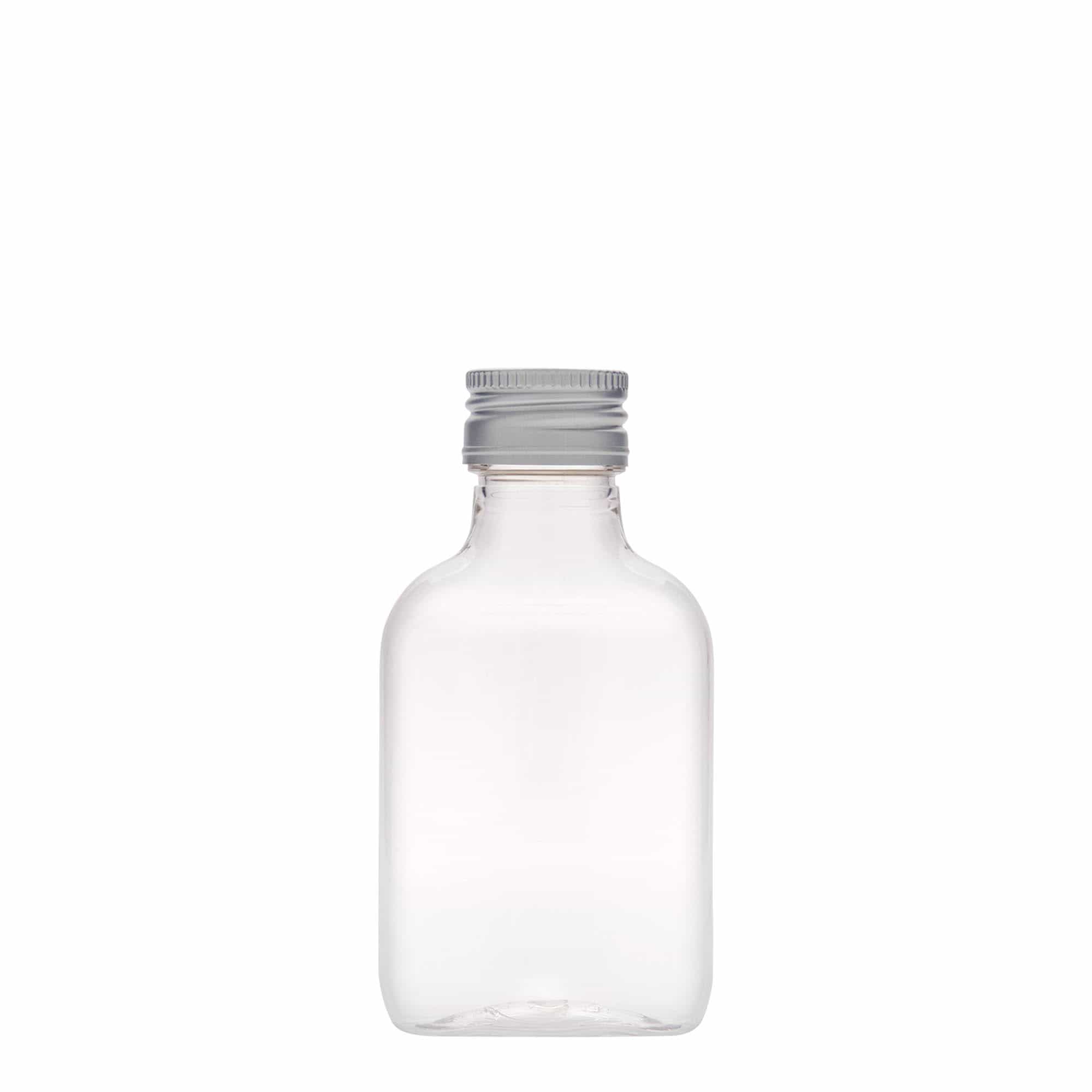 100 ml lommeflaske, oval, PET-plast, åpning: PP 28