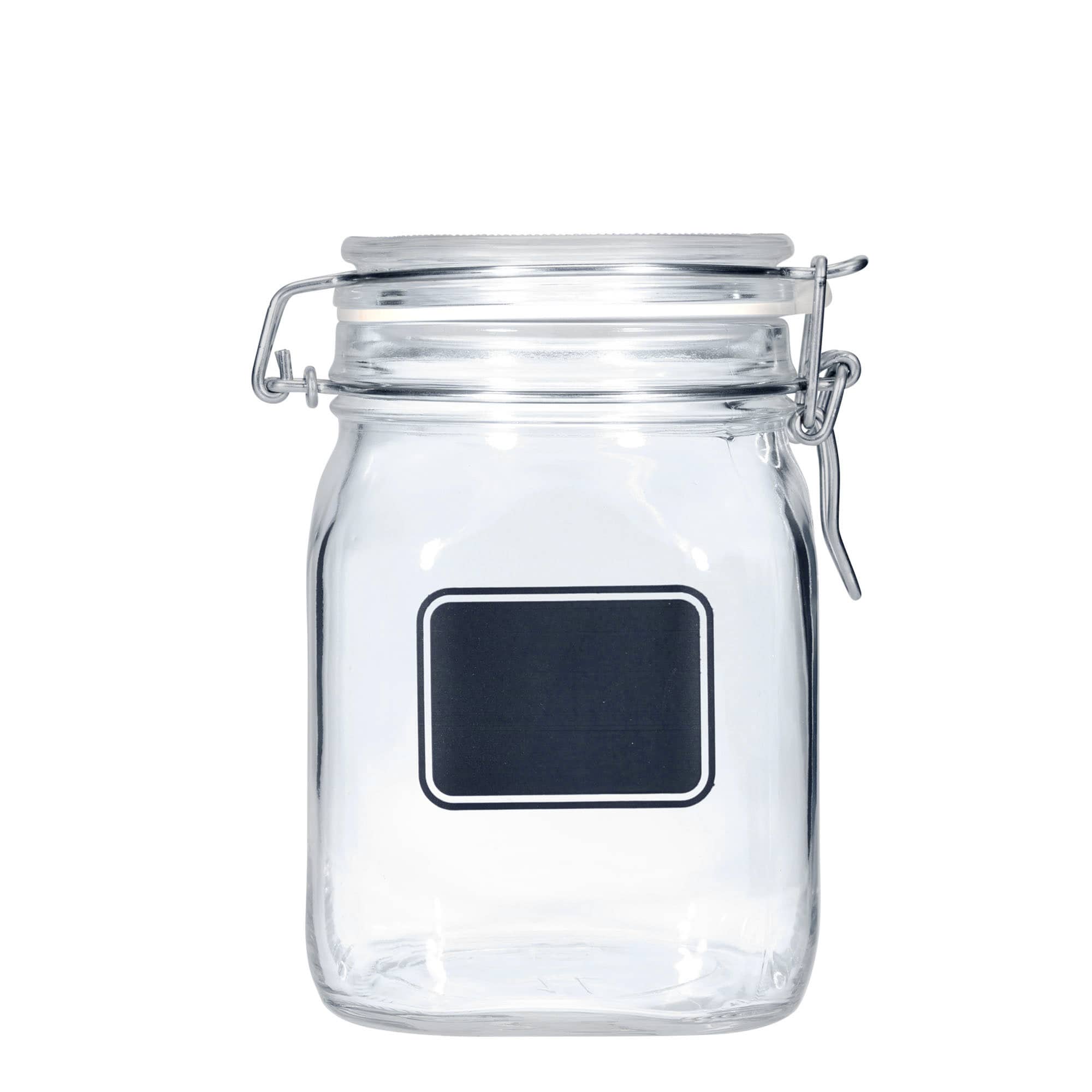 1.000 ml trådspenneglass 'Fido', motiv: etikettfelt, kvadratisk, åpning: trådspenne-lukking