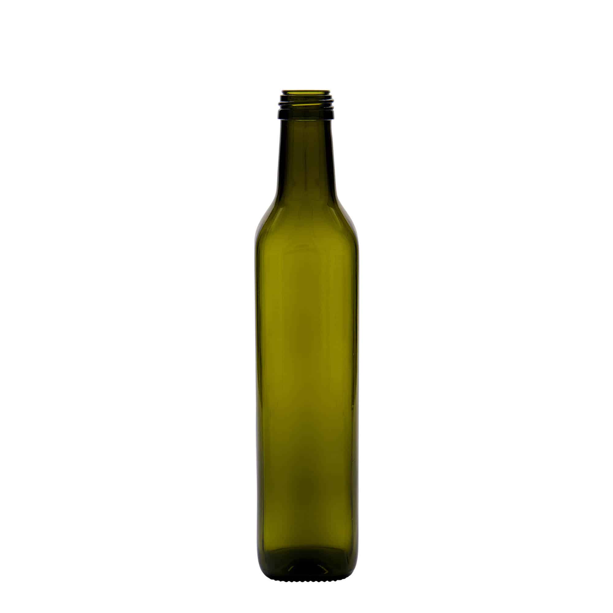500 ml glassflaske "Marasca", kvadratisk, antikkgrønn, åpning: PP 31,5 500 ml glassflaske "Marasca", kvadratisk, antikkgrønn, åpning: PP 31,5