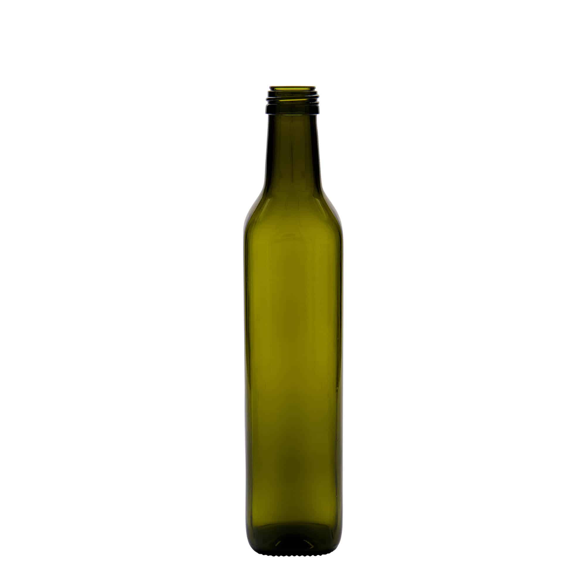 500 ml glassflaske 'Marasca', firkantet, antikkgrønn, åpning: PP 31,5