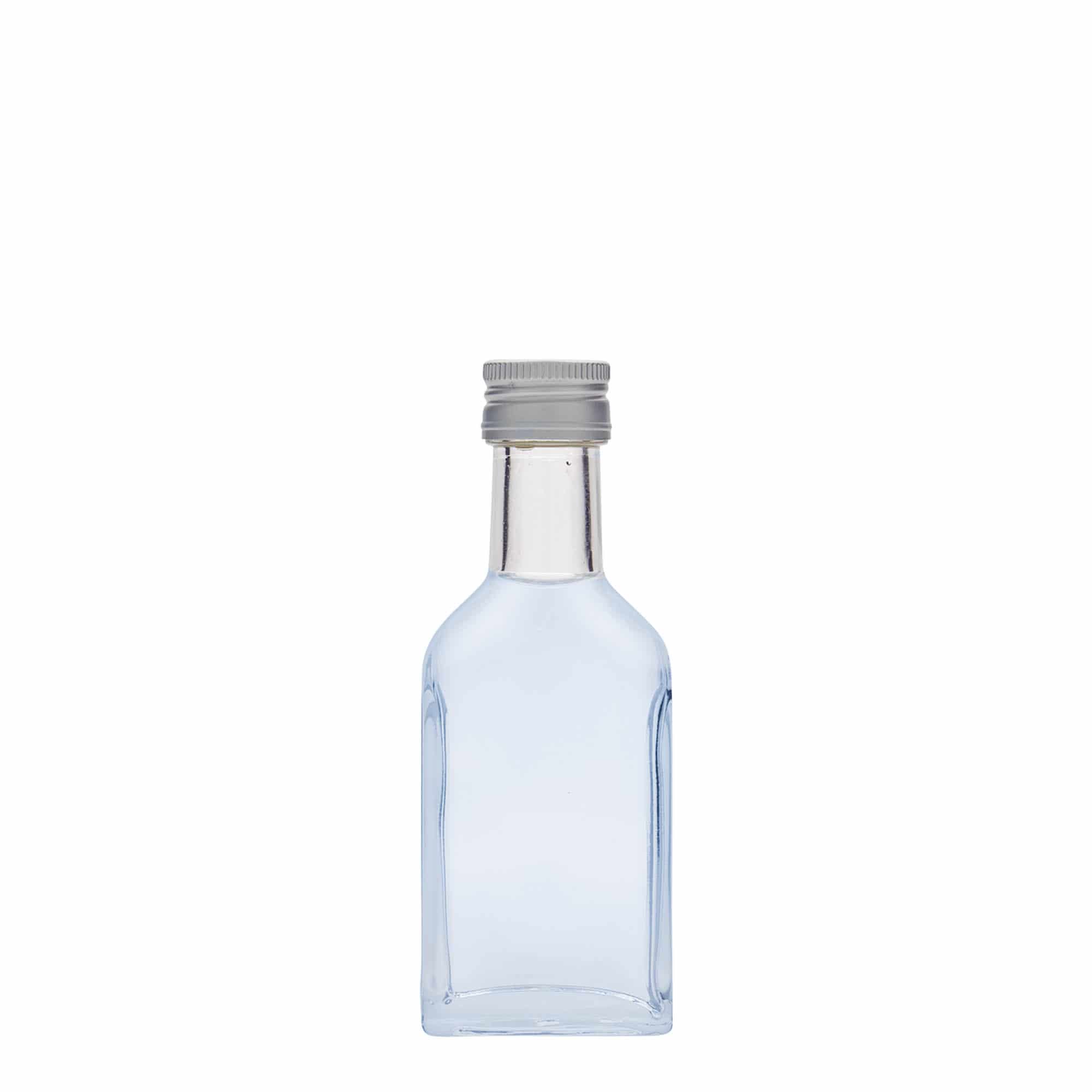 40 ml lommeflaske lang hals, firkantet, glass, åpning: PP 22