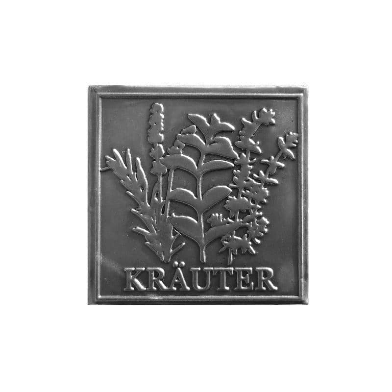 Tinnetikett "Urter", kvadratisk, metall, sølv