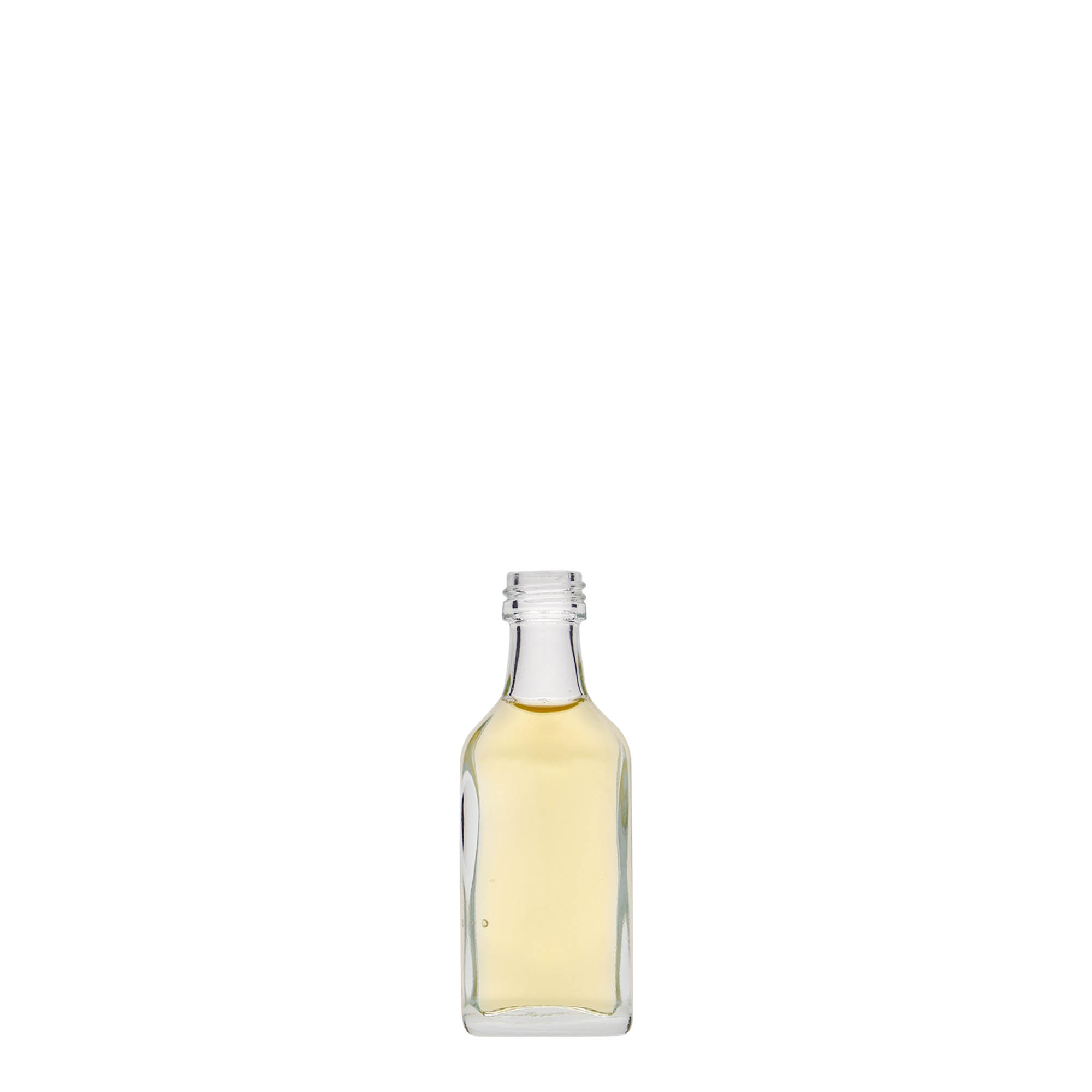 20 ml lommeflaske, rektangulær, glass, åpning: PP 18 20 ml lommeflaske, rektangulær, glass, åpning: PP 18
