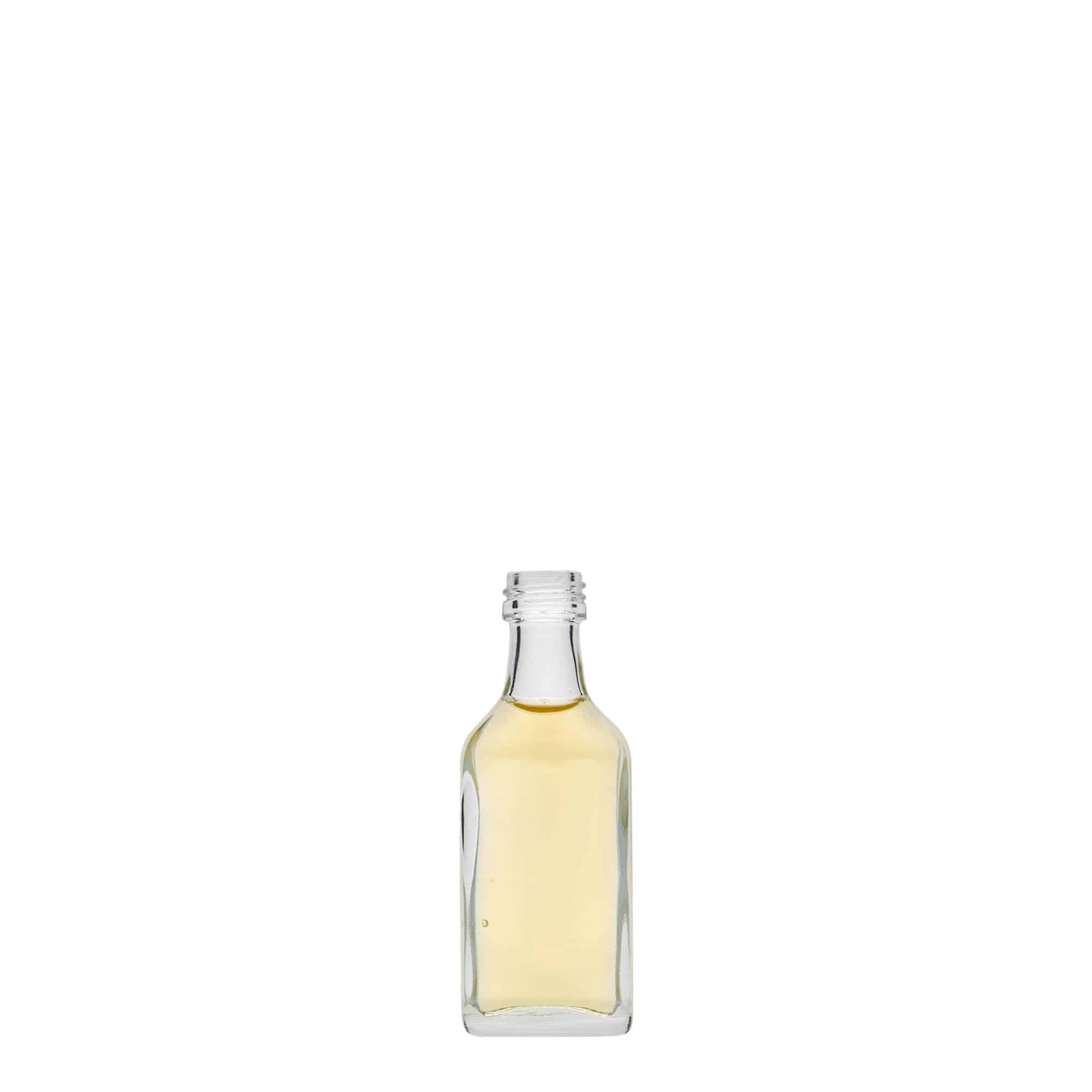 20 ml lommeflaske, rektangulær, glass, åpning: PP 18