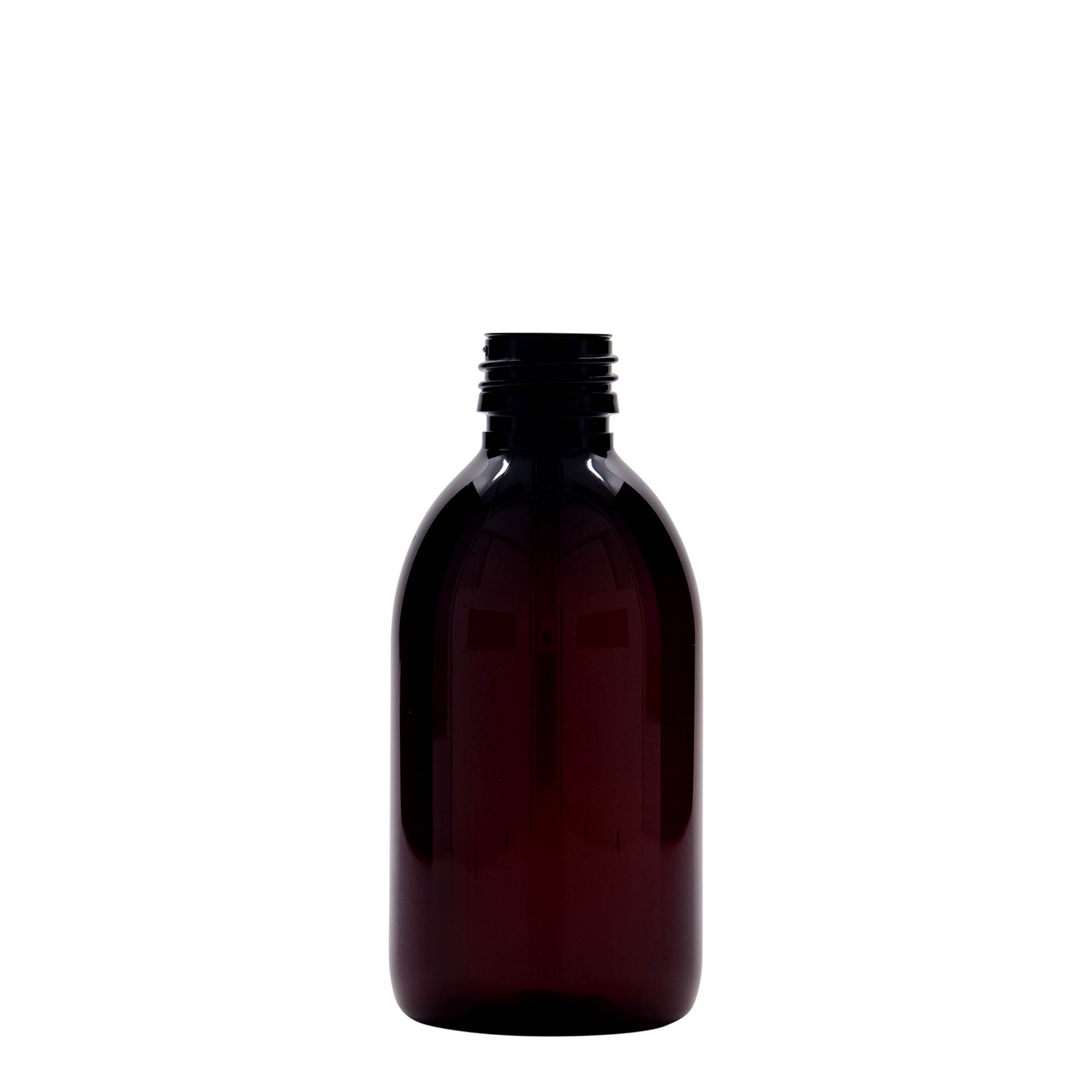 250 ml PET-medisinflaske, brun, plast, åpning: PP 28