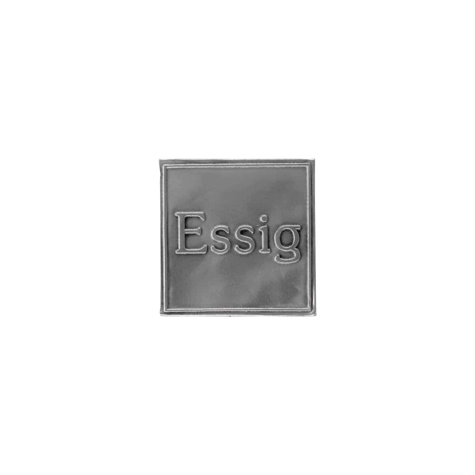 Tinnetikett "Eddik", kvadratisk, metall, sølv Tinnetikett "Eddik", kvadratisk, metall, sølv