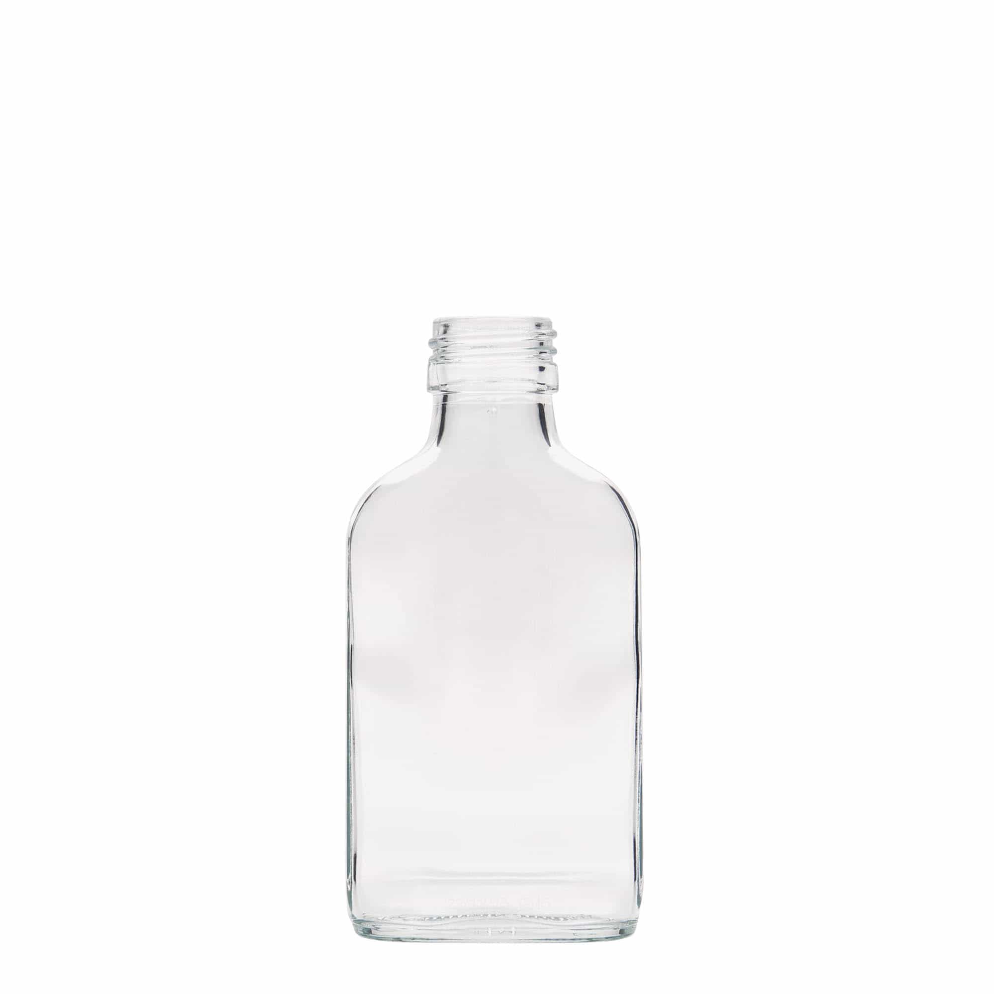 100 ml lommeflaske, firkantet, glass, åpning: PP 28 100 ml lommeflaske, firkantet, glass, åpning: PP 28
