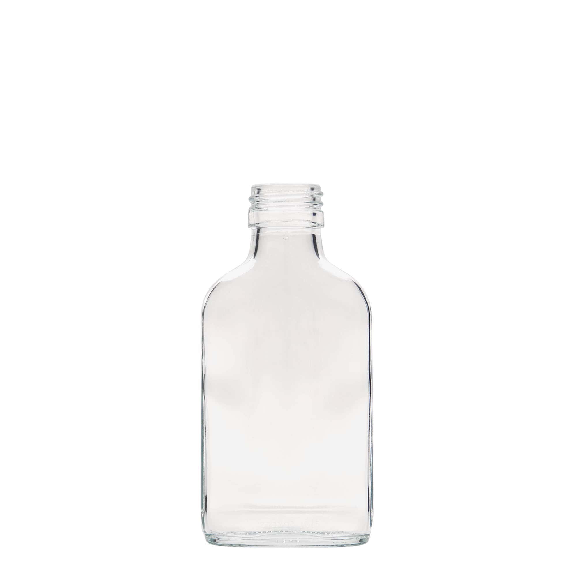 100 ml lommeflaske, rektangulær, glass, åpning: PP 28