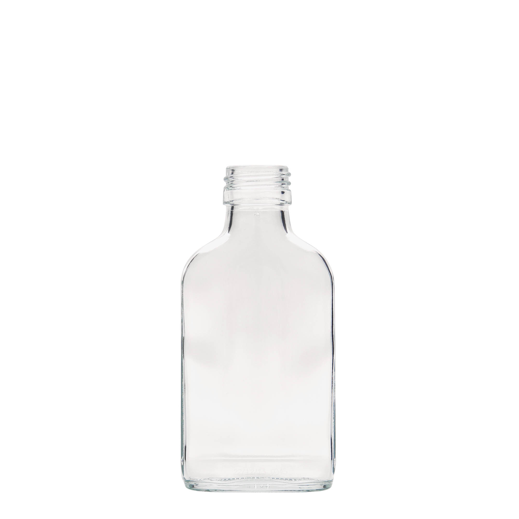 100 ml lommeflaske, rektangulær, glass, åpning: PP 28