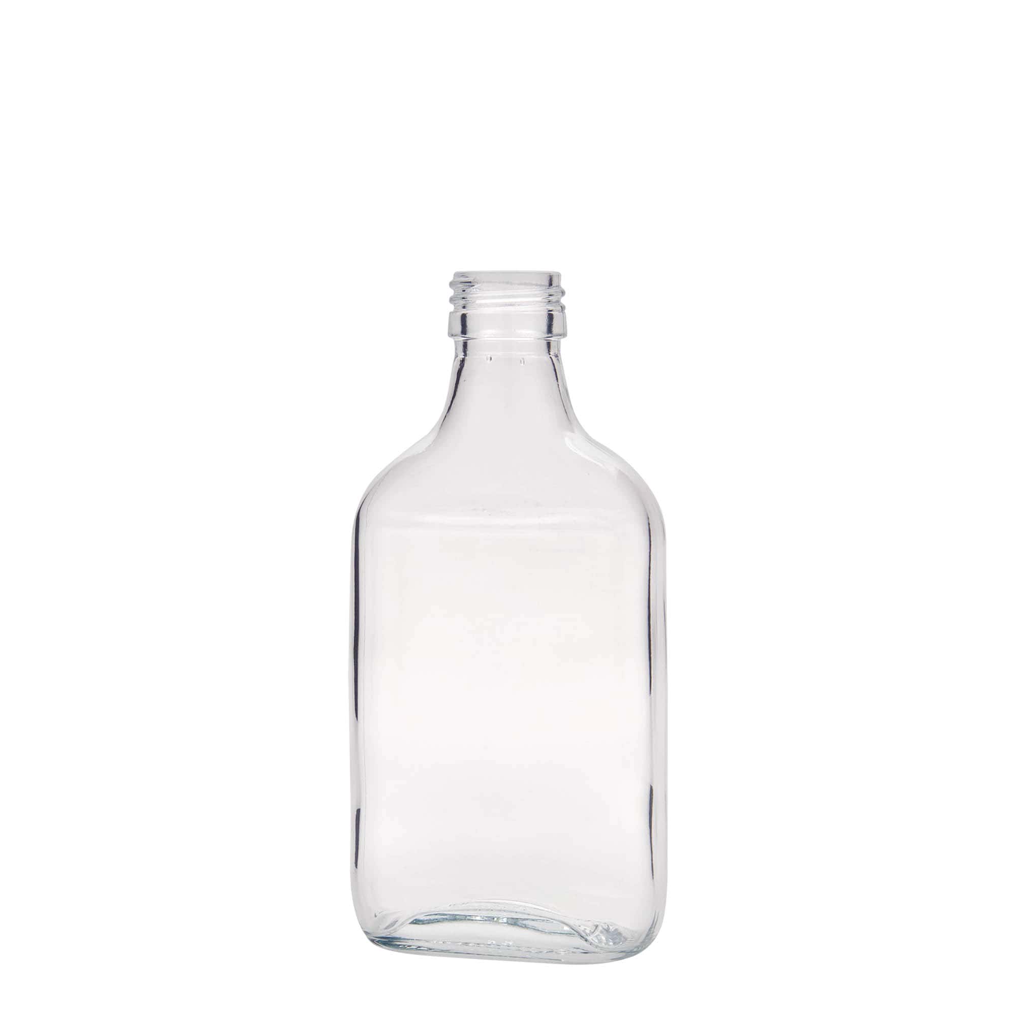 200 ml lommeflaske, rektangulær, glass, åpning: PP 28