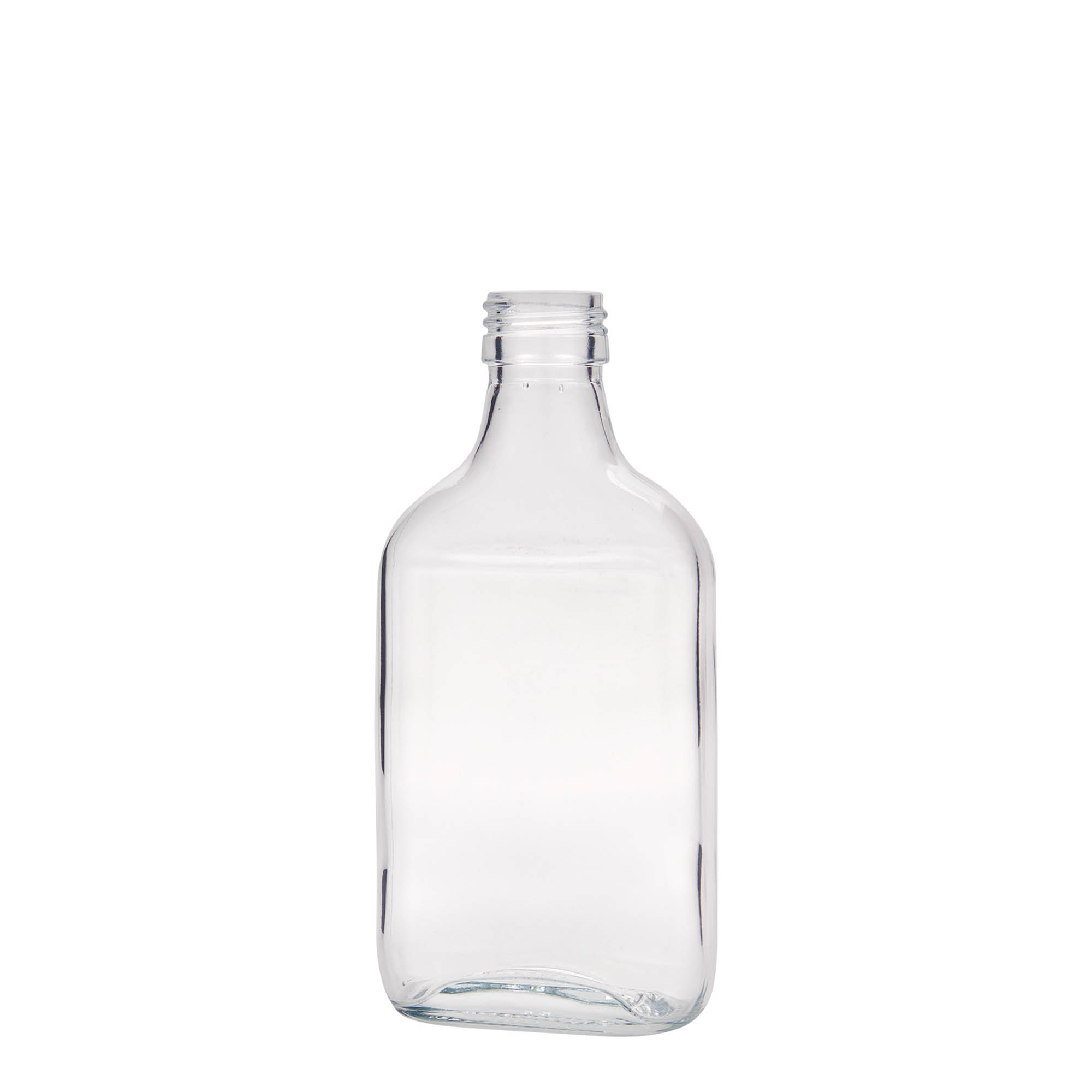 200 ml lommeflaske, rektangulær, glass, åpning: PP 28