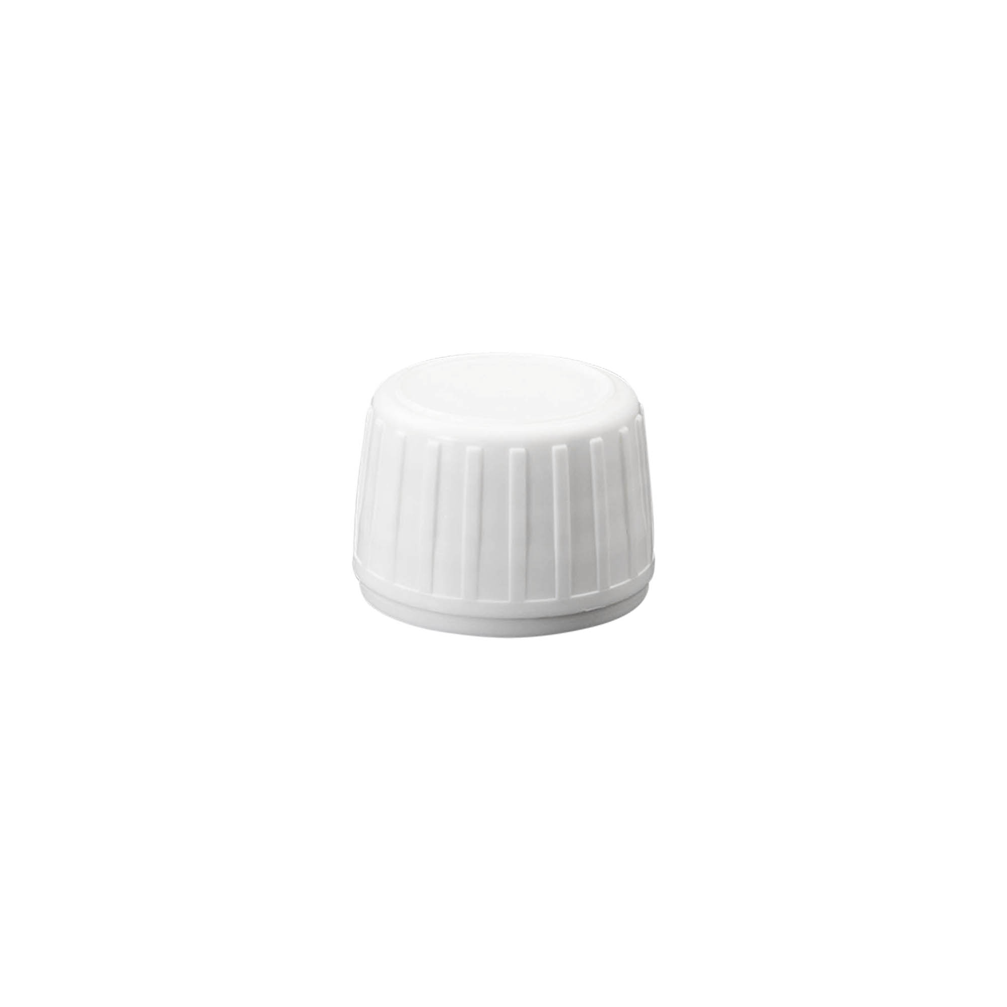 Skruelokk, PP-plast, hvit, for åpning: PP 28 Skruelokk, PP-plast, hvit, for åpning: PP 28