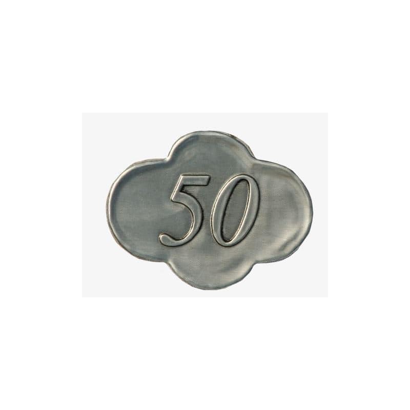 Tinnetikett "50", metall, sølv