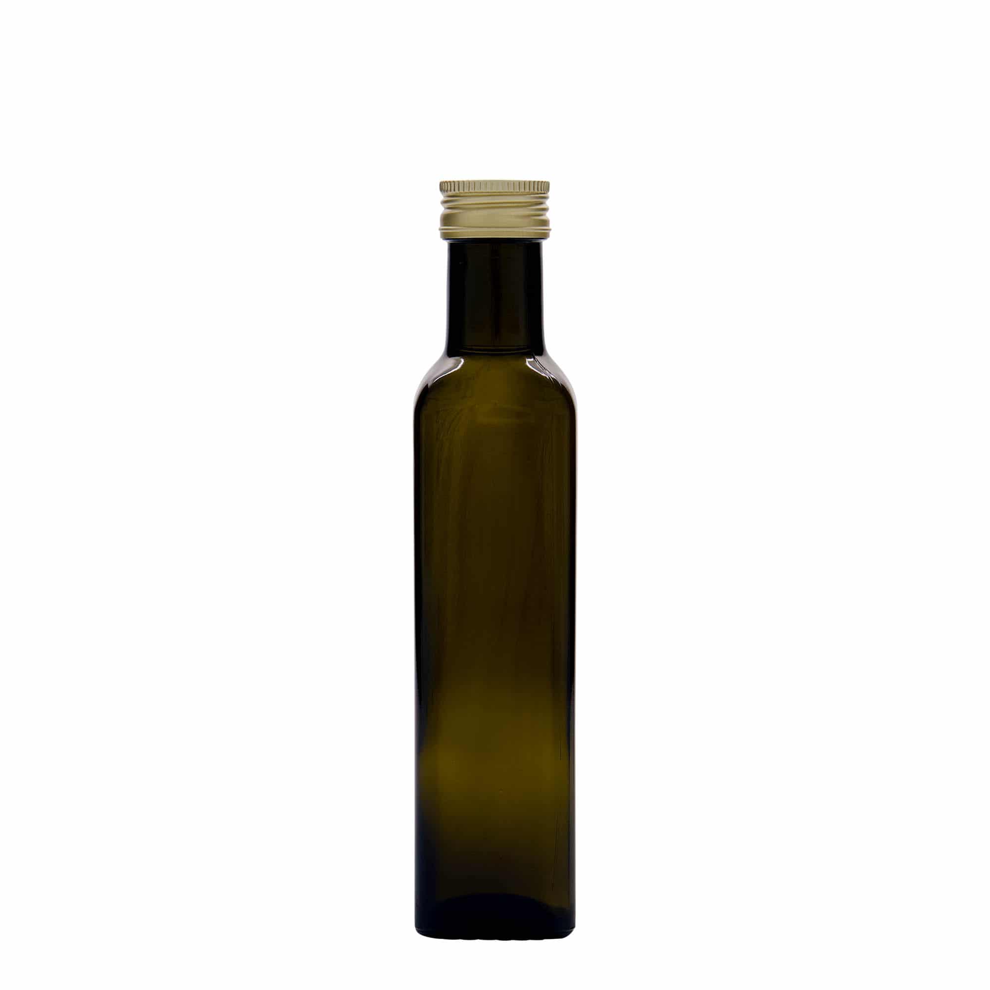 250 ml glassflaske "Marasca", kvadratisk, antikkgrønn, åpning: PP 31,5