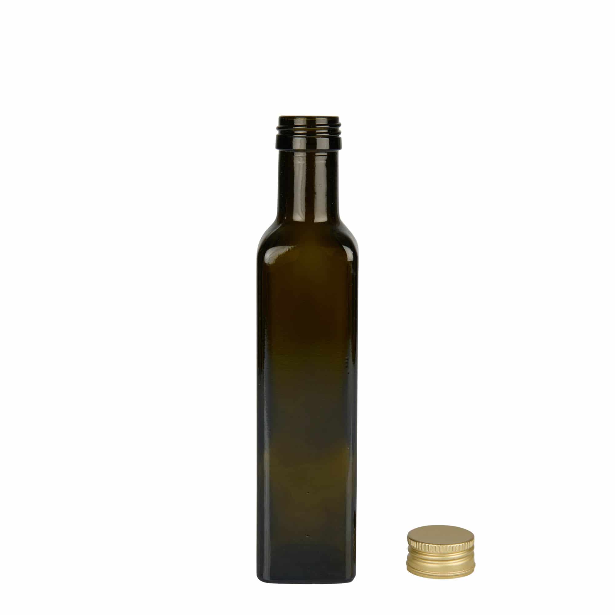 250 ml glassflaske "Marasca", kvadratisk, antikkgrønn, åpning: PP 31,5