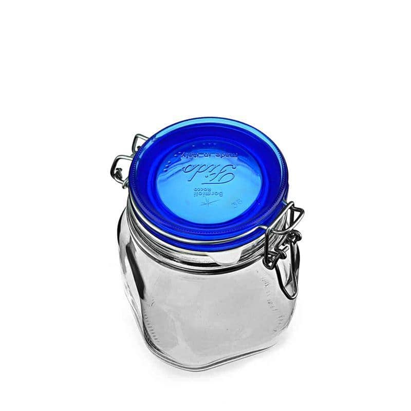 750 ml bøyleglass "Fido" Blue Top, kvadratisk, åpning: Bøylelokk