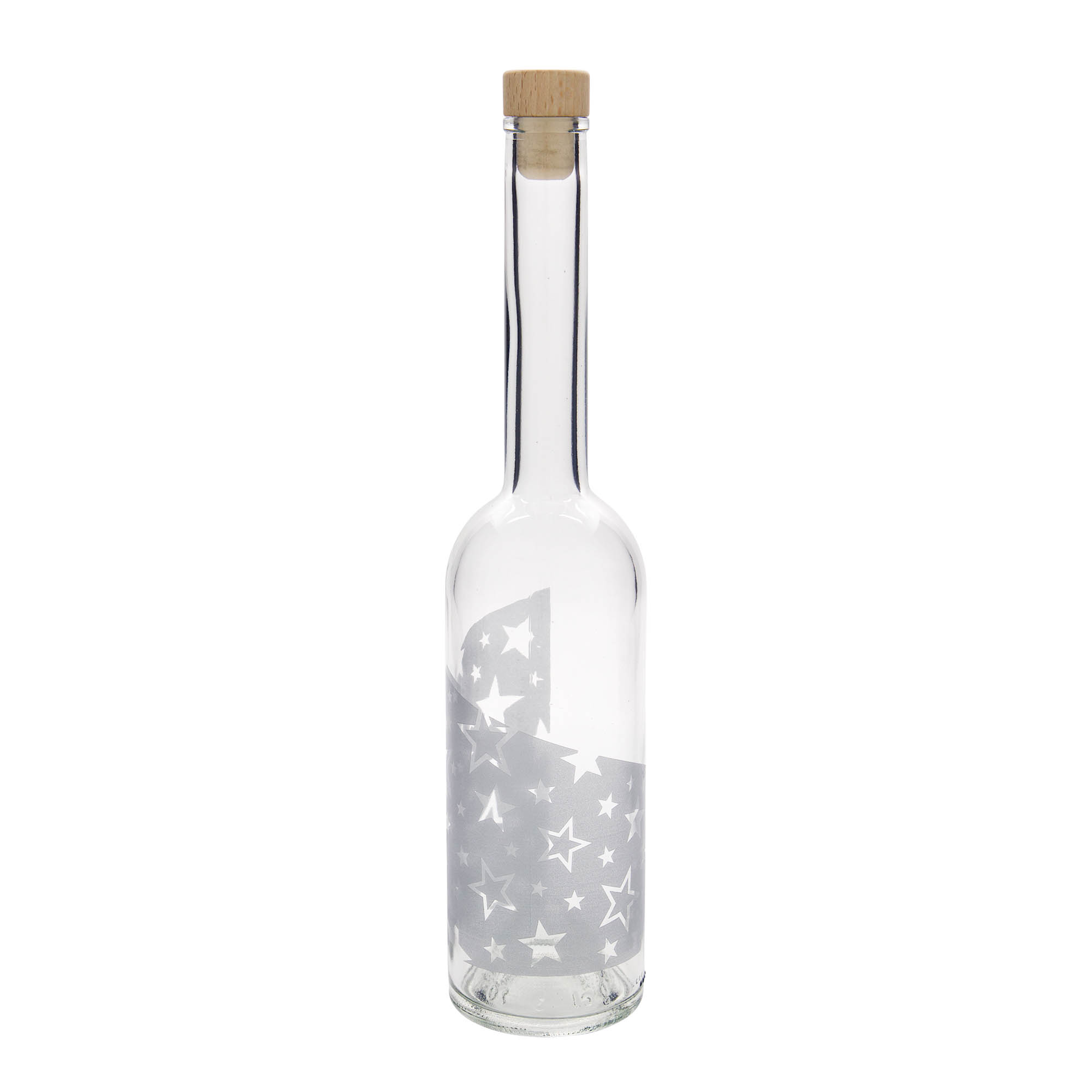 500 ml glassflaske 'Opera', motiv: sølvstjerner, åpning: kork