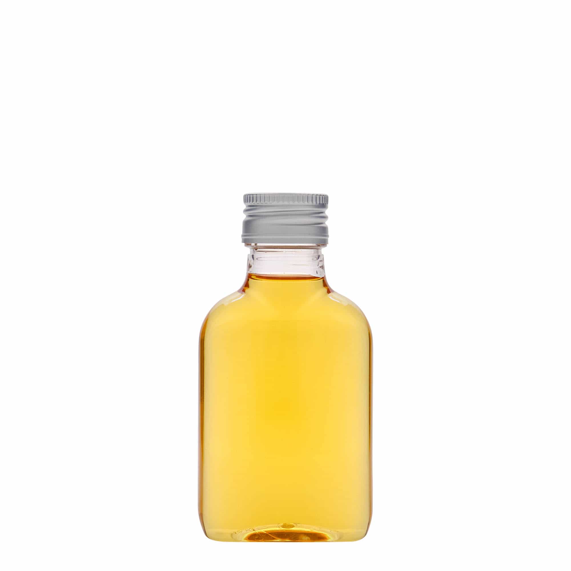 100 ml lommeflaske, oval, PET-plast, åpning: PP 28